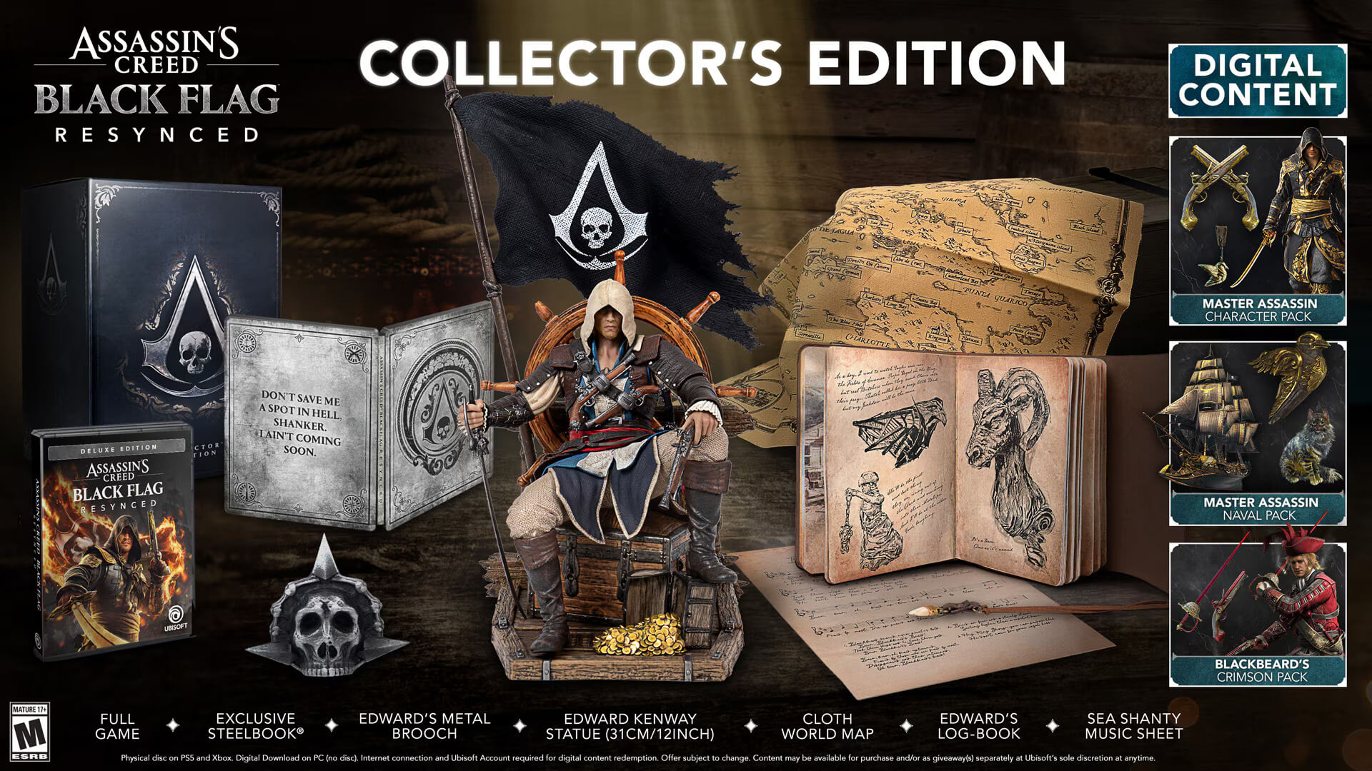 Assassin's Creed Black Flag Resynced Collector's Edition contents including slouched Edward Kenway figurine, diary notebook, brooch, and cloth map