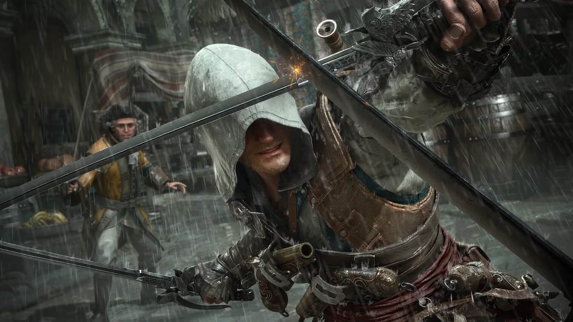 Assassin's Creed Black Flag Resynced gameplay screenshot showing Edward Kenway engaged in brutal melee combat with dual swords