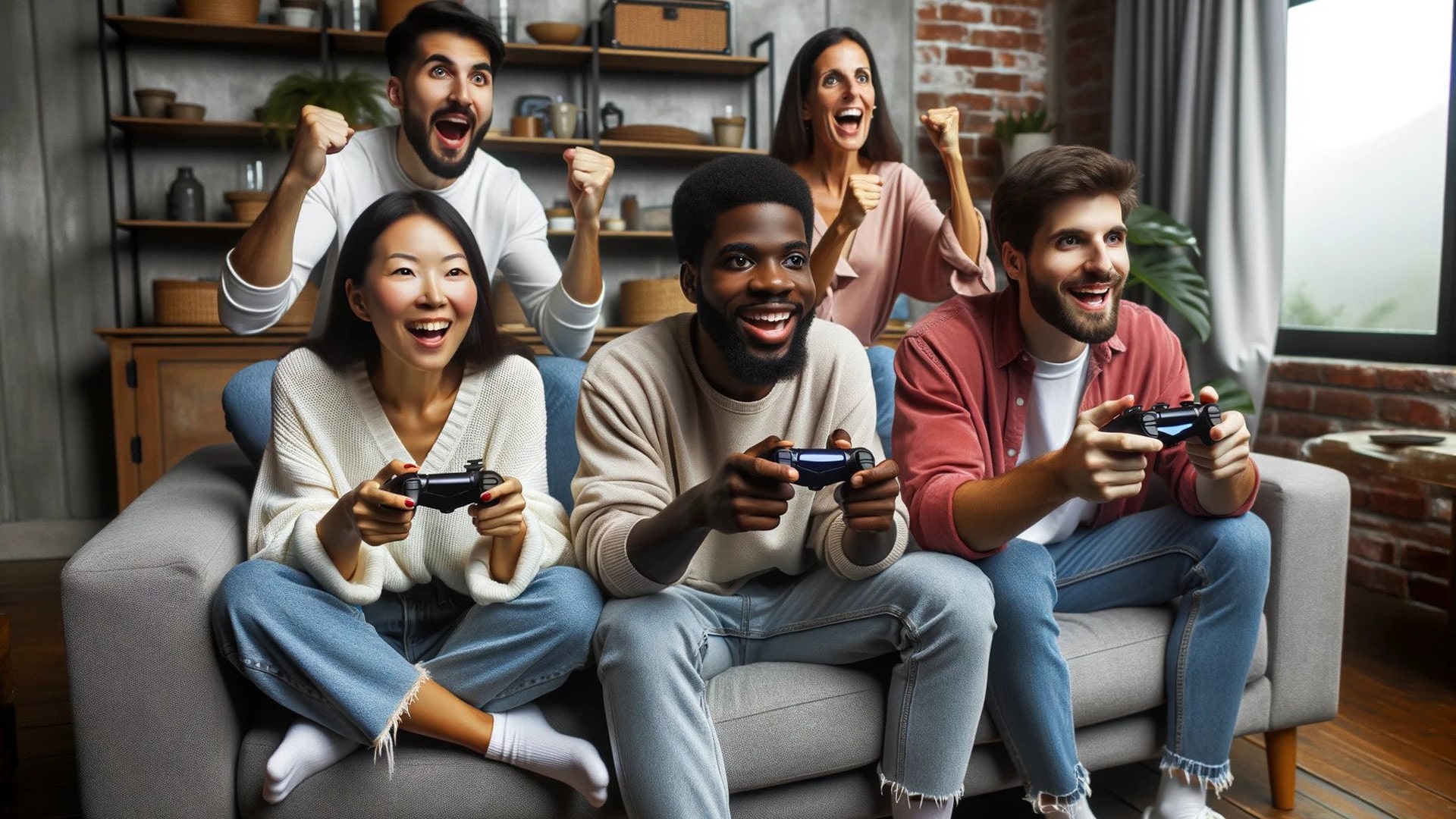 A group of people playing video games together in a living room
