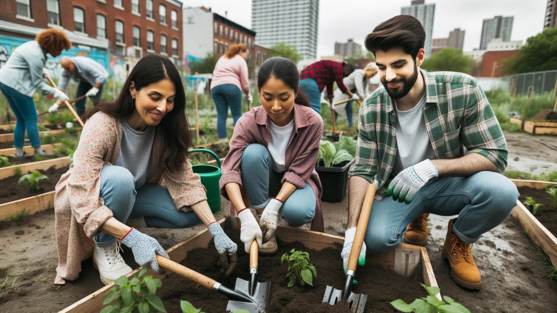 Group of enthusiastic volunteers actively participating in a community service activity.