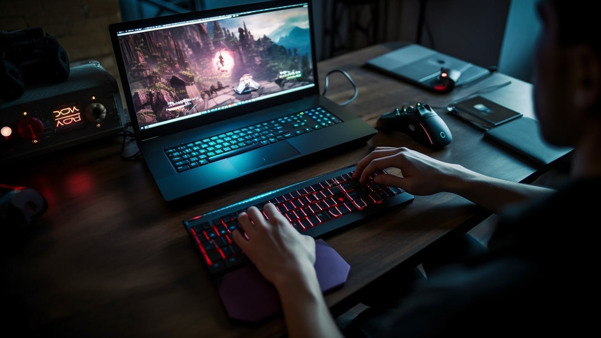 Gamer on a laptop engaged in cloud gaming, showcased with a setup guide and various gaming accessories.