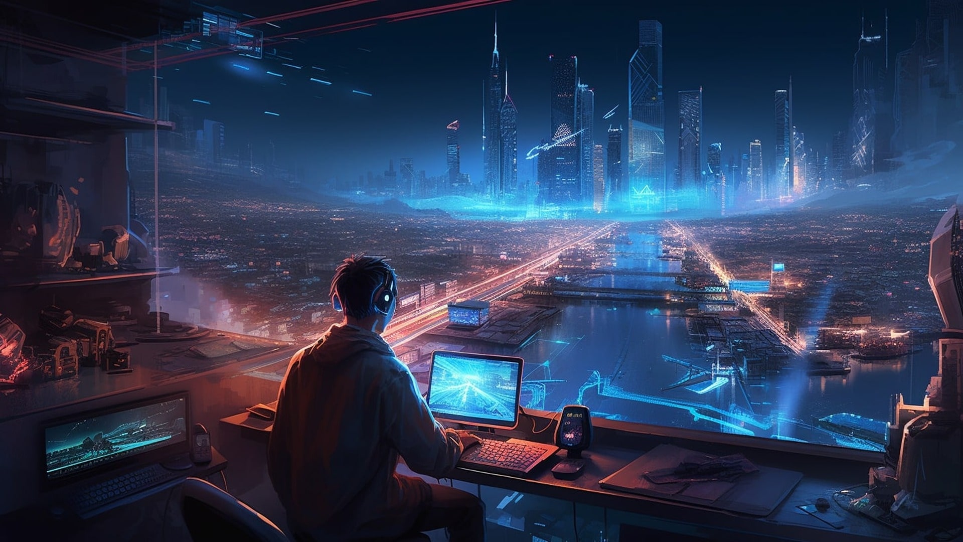 Gamer on a laptop linked to cloud gaming set against a backdrop of futuristic tech imagery.