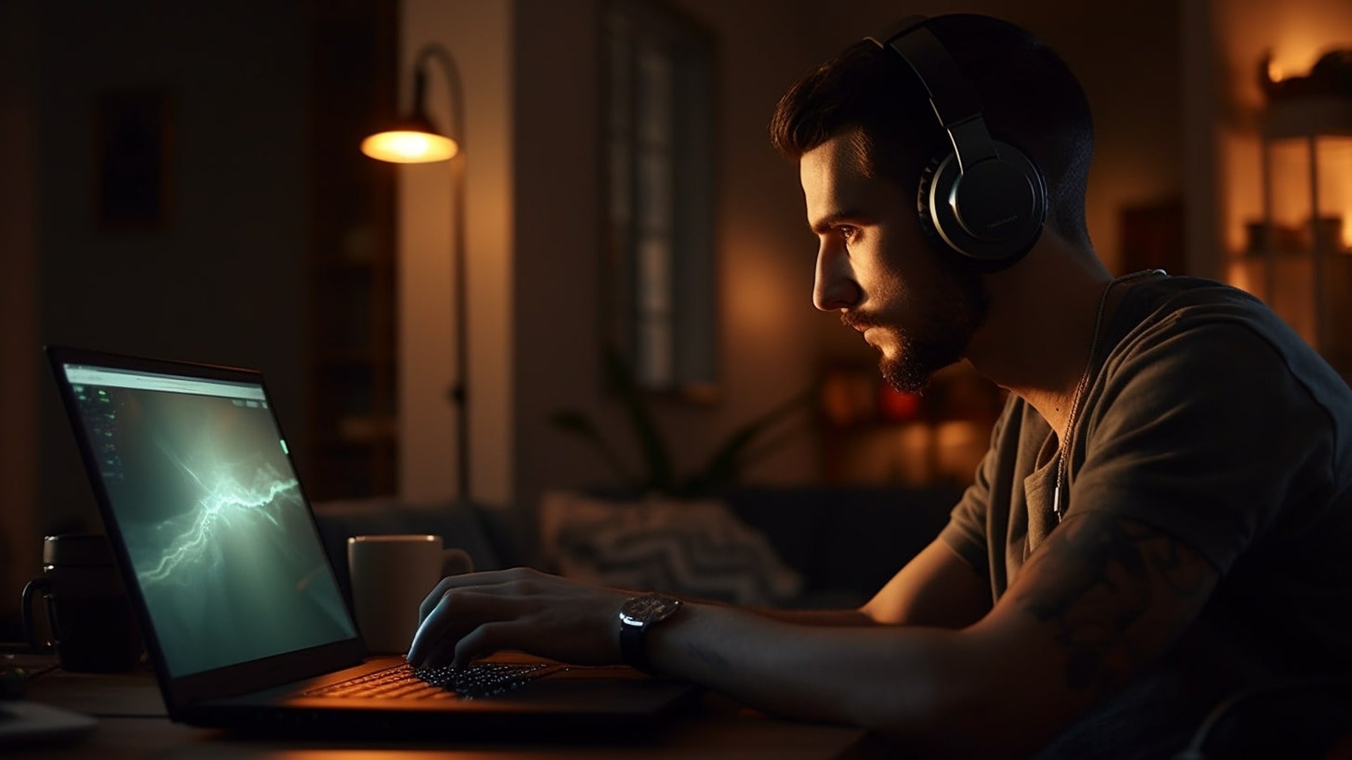 High-speed Internet Boosting Cloud Gaming on a Laptop. Gamer enjoying a smooth gameplay on a laptop via a cloud service with a high-speed internet connection.