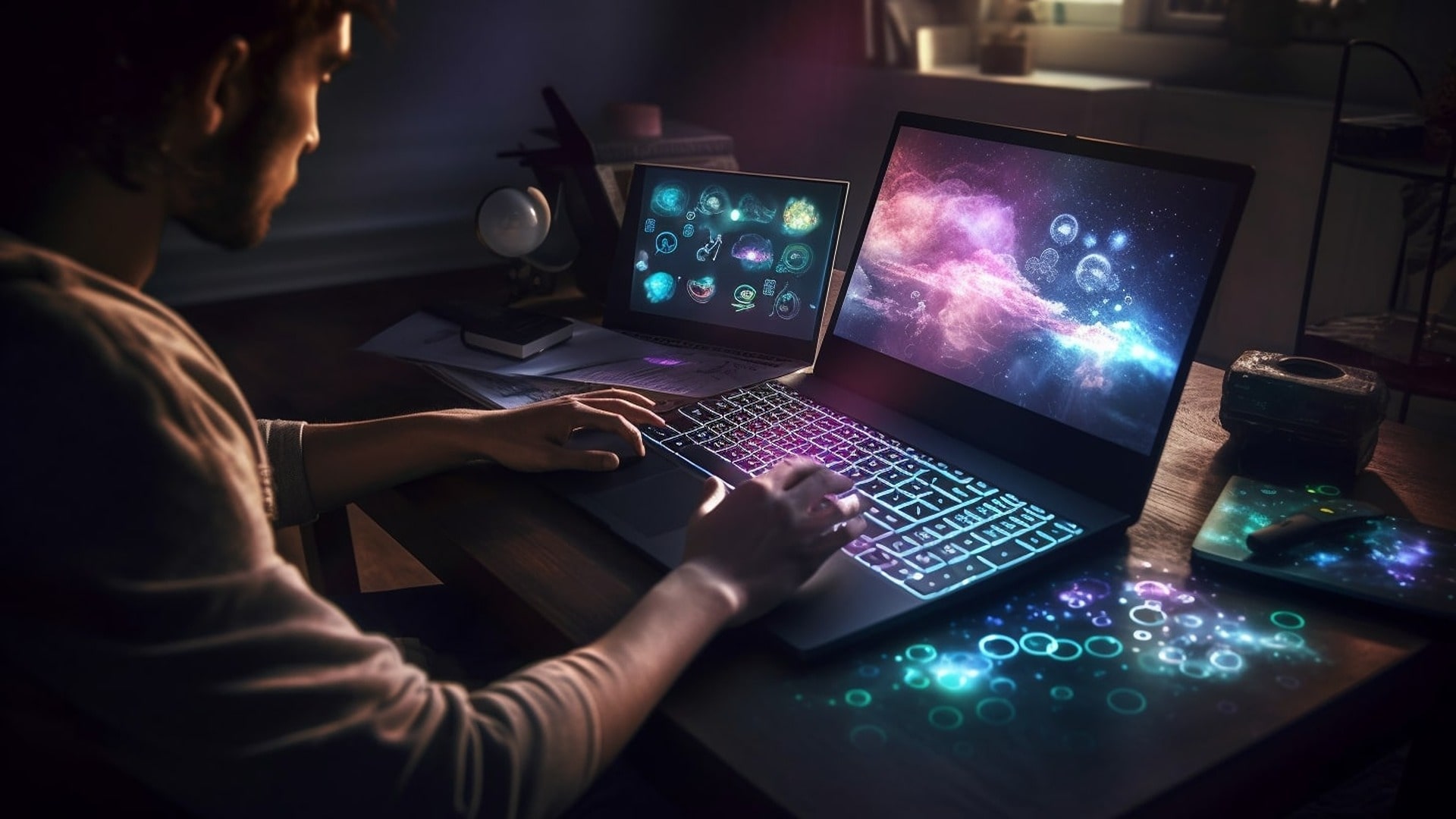 Experiencing PC Gaming through Cloud Connectivity. Gamer on a laptop playing a PC game via cloud services.