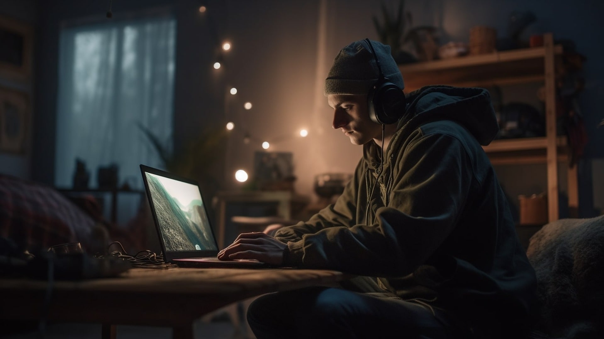 Strategies for Enhancing Cloud Gaming Performance. Gamer on a laptop connected to cloud gaming, with annotations suggesting performance optimization tips.