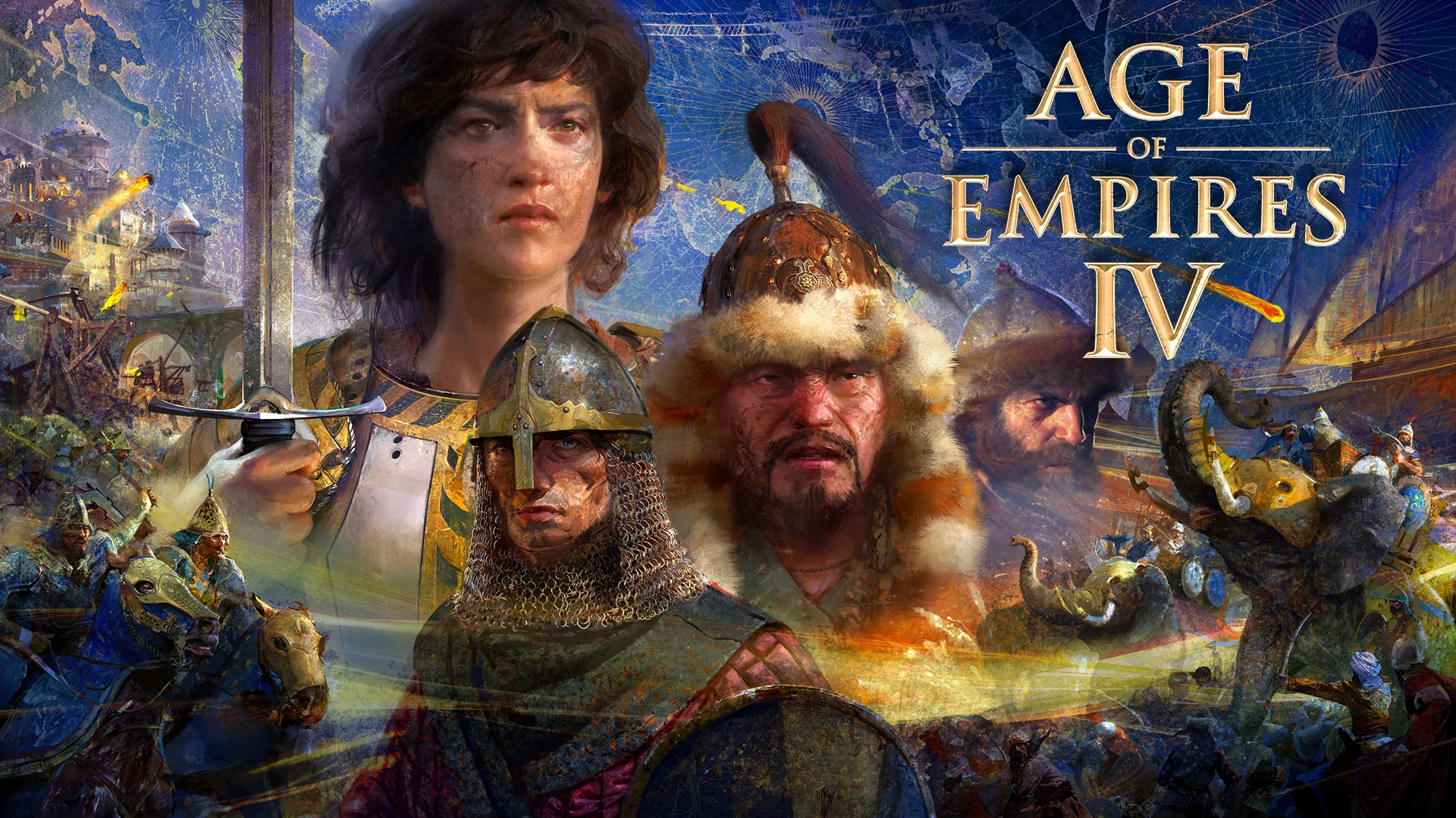 In-game screenshot of Age of Empires IV showcasing historical civilizations and battles