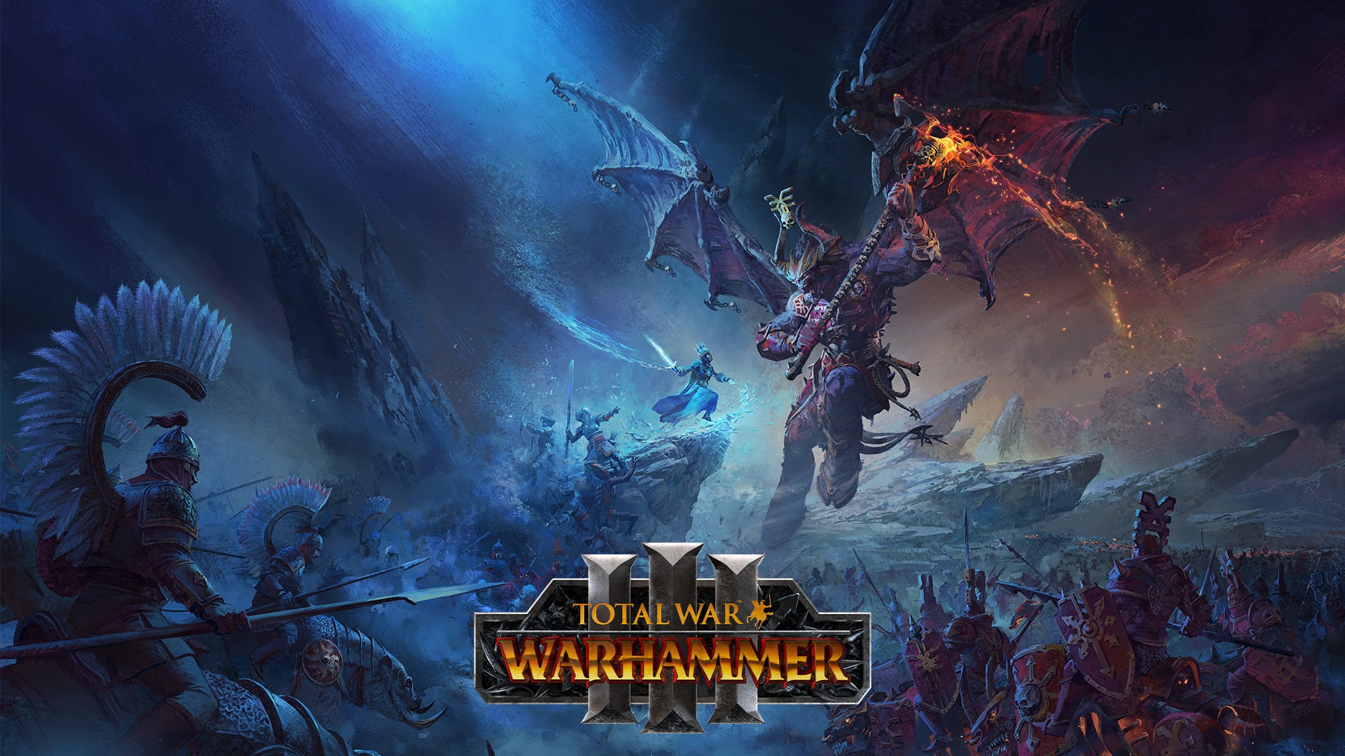 In-game screenshot of Total War: Warhammer III showcasing an epic battlefield
