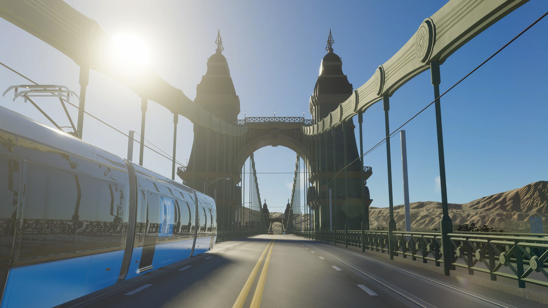 A screenshot from Cities Skylines 2 featuring iconic landmark buildings and citizens' activities