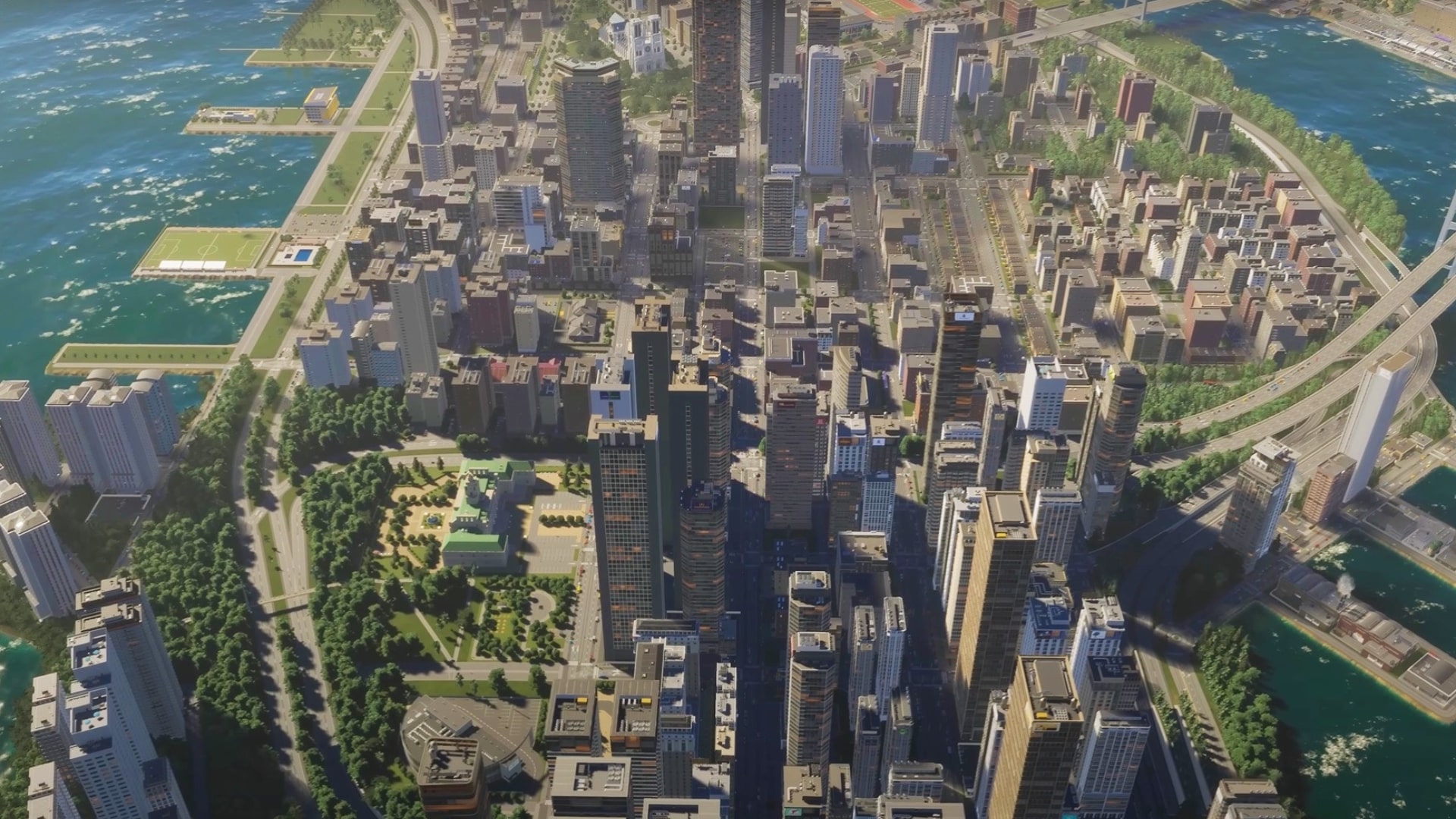 A panoramic view from Cities Skylines 2 displaying the sprawling city skyline