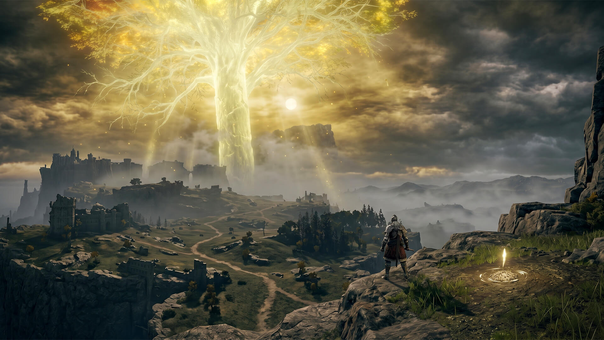 A sweeping vista of the Lands Between from Elden Ring, highlighting the massive glowing Erdtree in the distance.