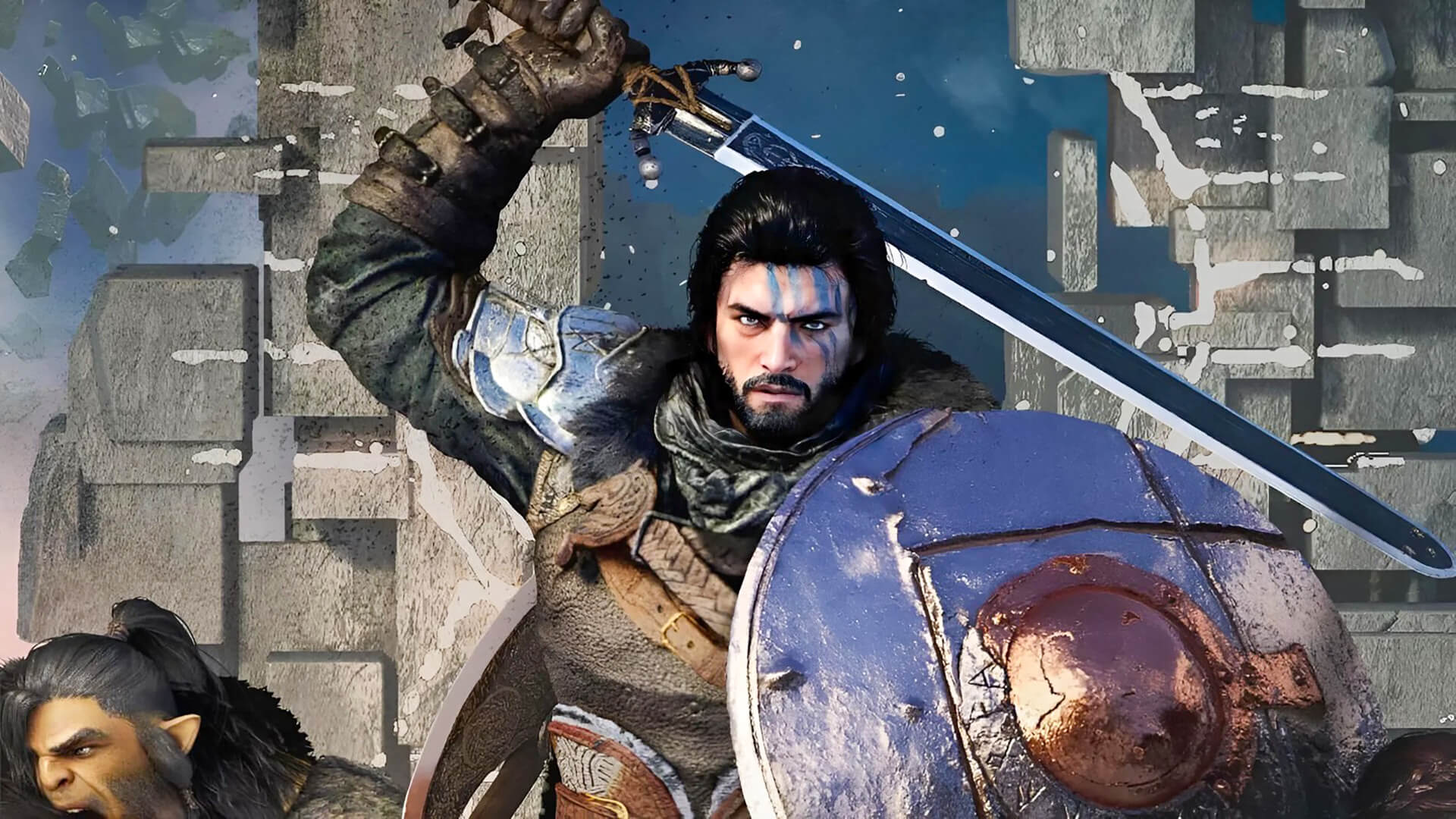 Crimson Desert protagonist Kliff wielding a sword and shield against a stone structure background