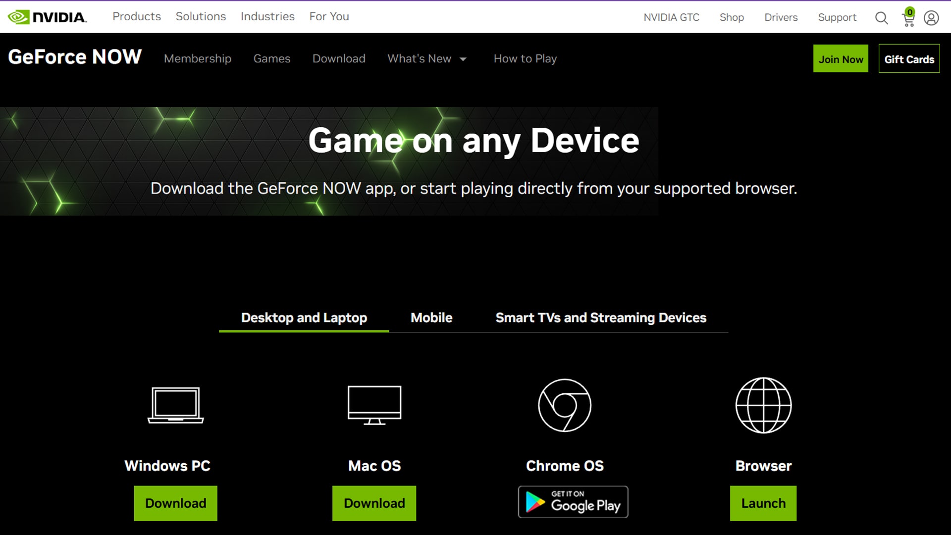 GeForce NOW download page, featuring installation instructions and software details