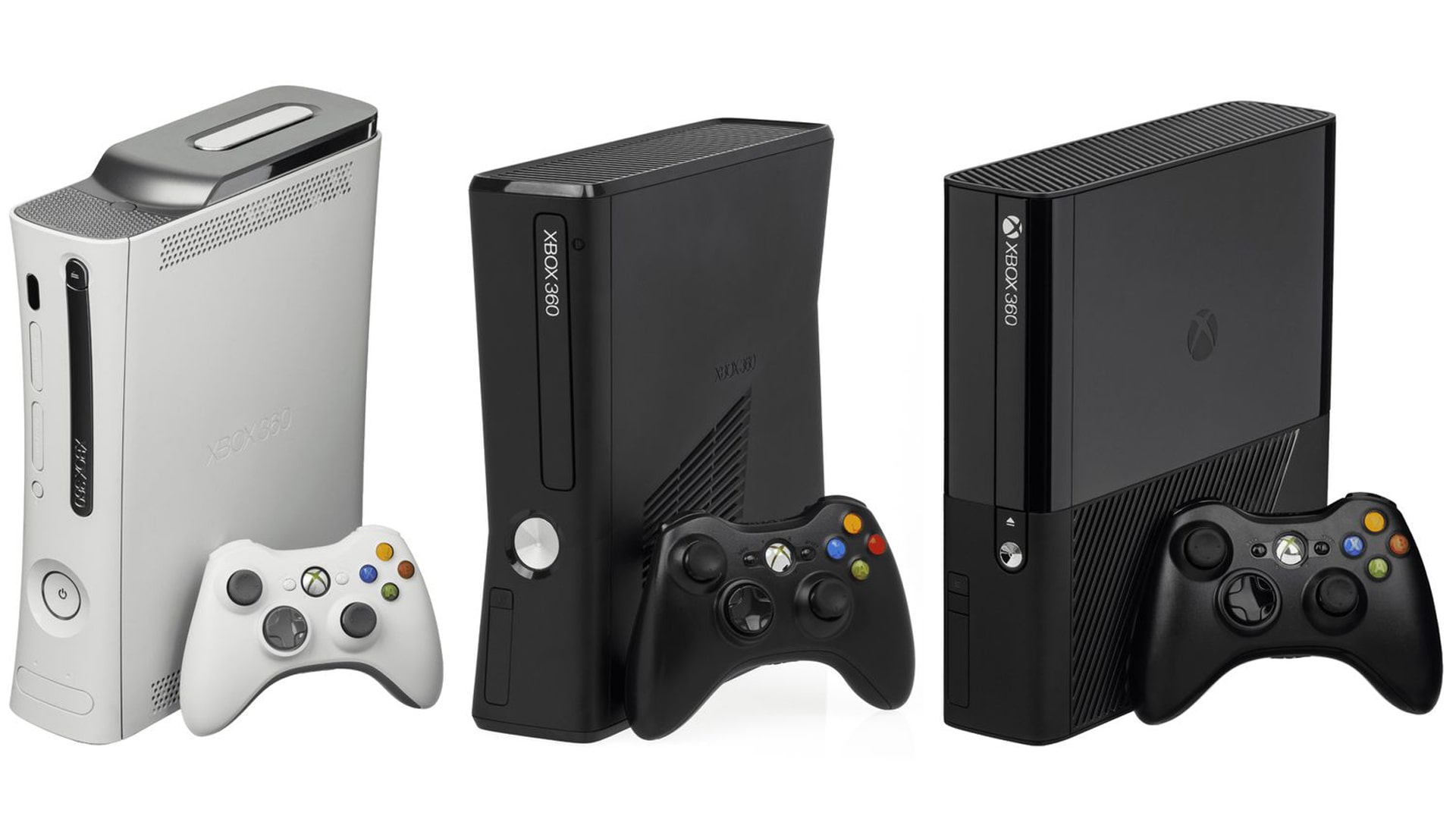A photo of three Xbox 360 video game consoles