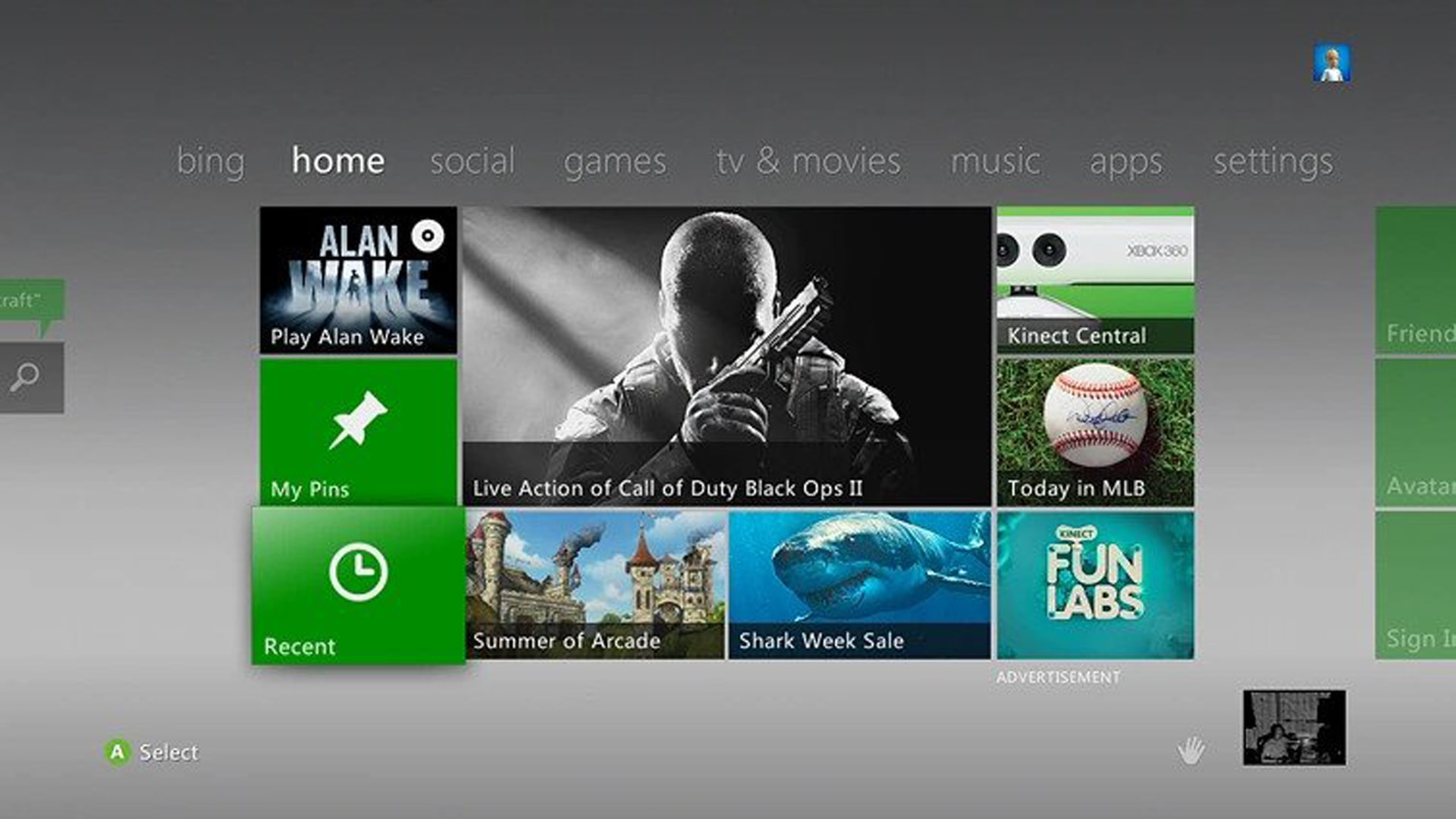 A screenshot of the Xbox 360 dashboard, showcasing its online services and features.