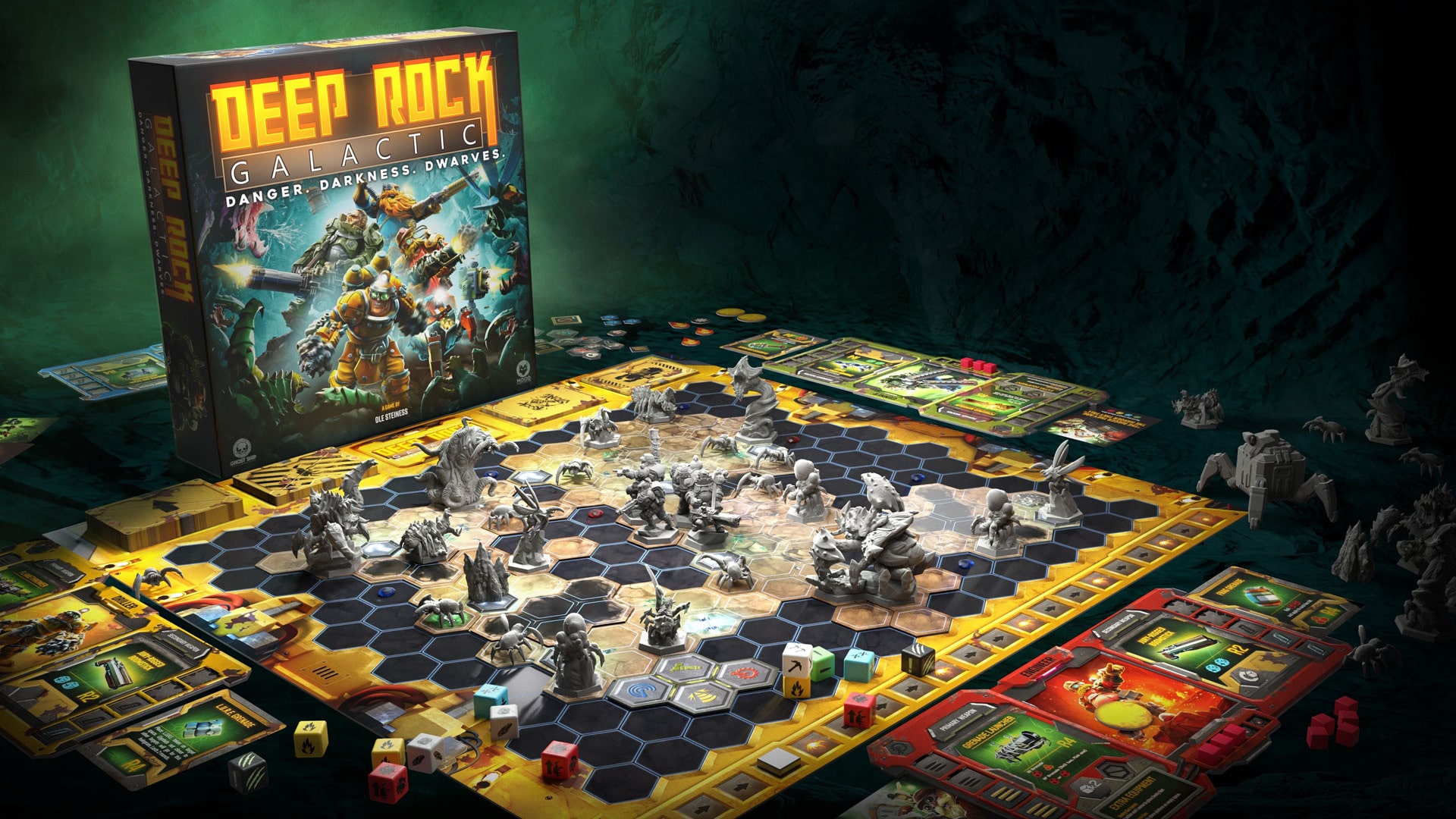 The engaging setup of Deep Rock Galactic board game, featuring space-themed elements and dynamic gameplay, appealing to sci-fi enthusiasts.