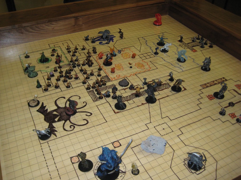 A vibrant Dungeons & Dragons gameplay setup with colorful dice, character sheets, and detailed miniatures, capturing the essence of this iconic tabletop RPG.