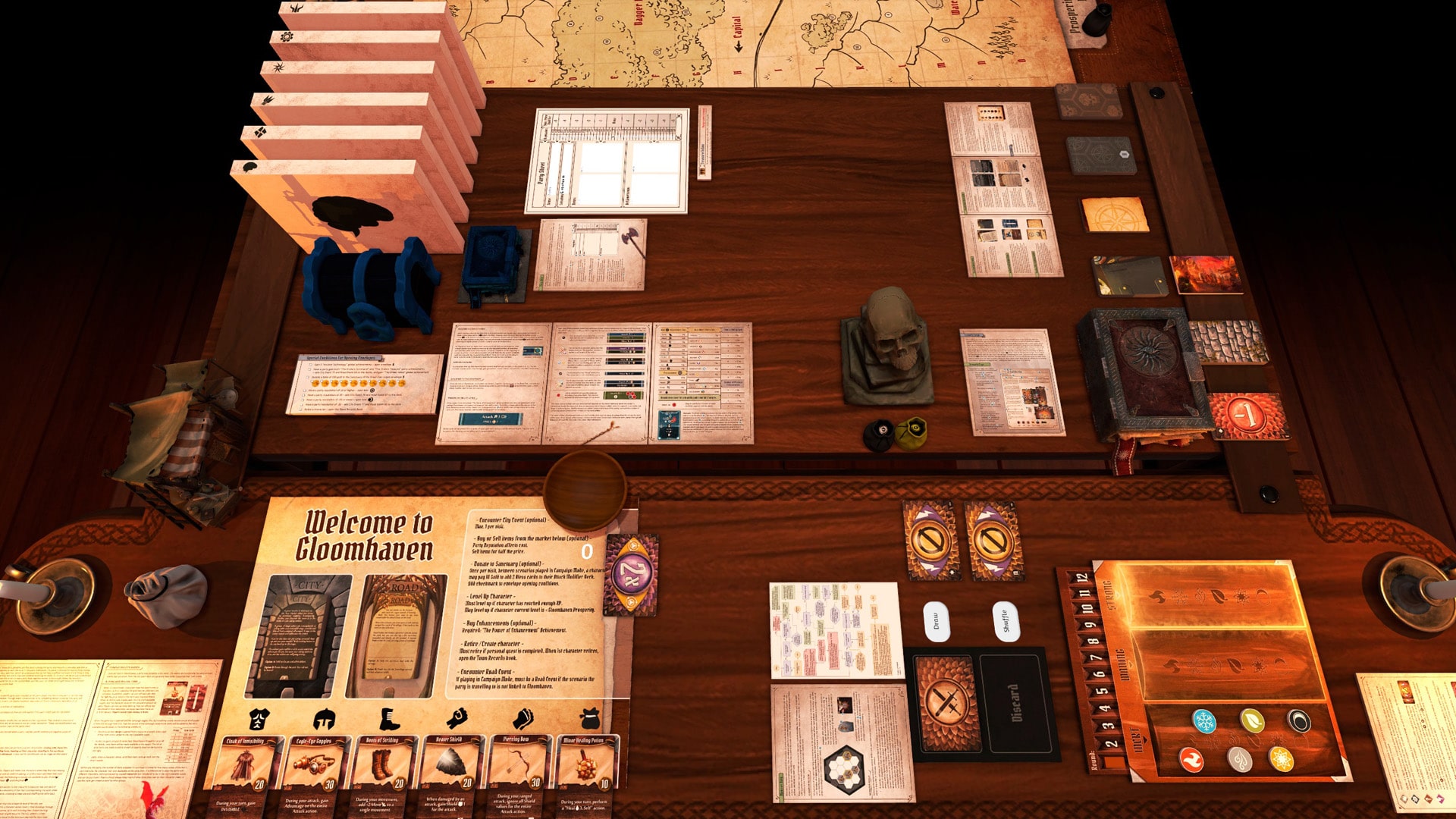 A complex setup of Gloomhaven game showing detailed miniatures, cards, and board, illustrating the depth and strategy of the game.