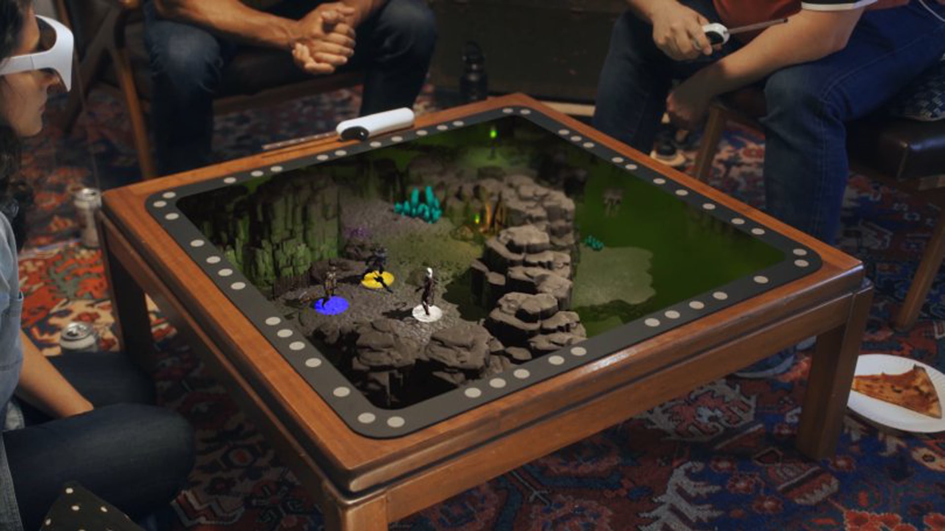 A futuristic display of holographic tabletop gaming, illustrating advanced technology merging with traditional board game elements.