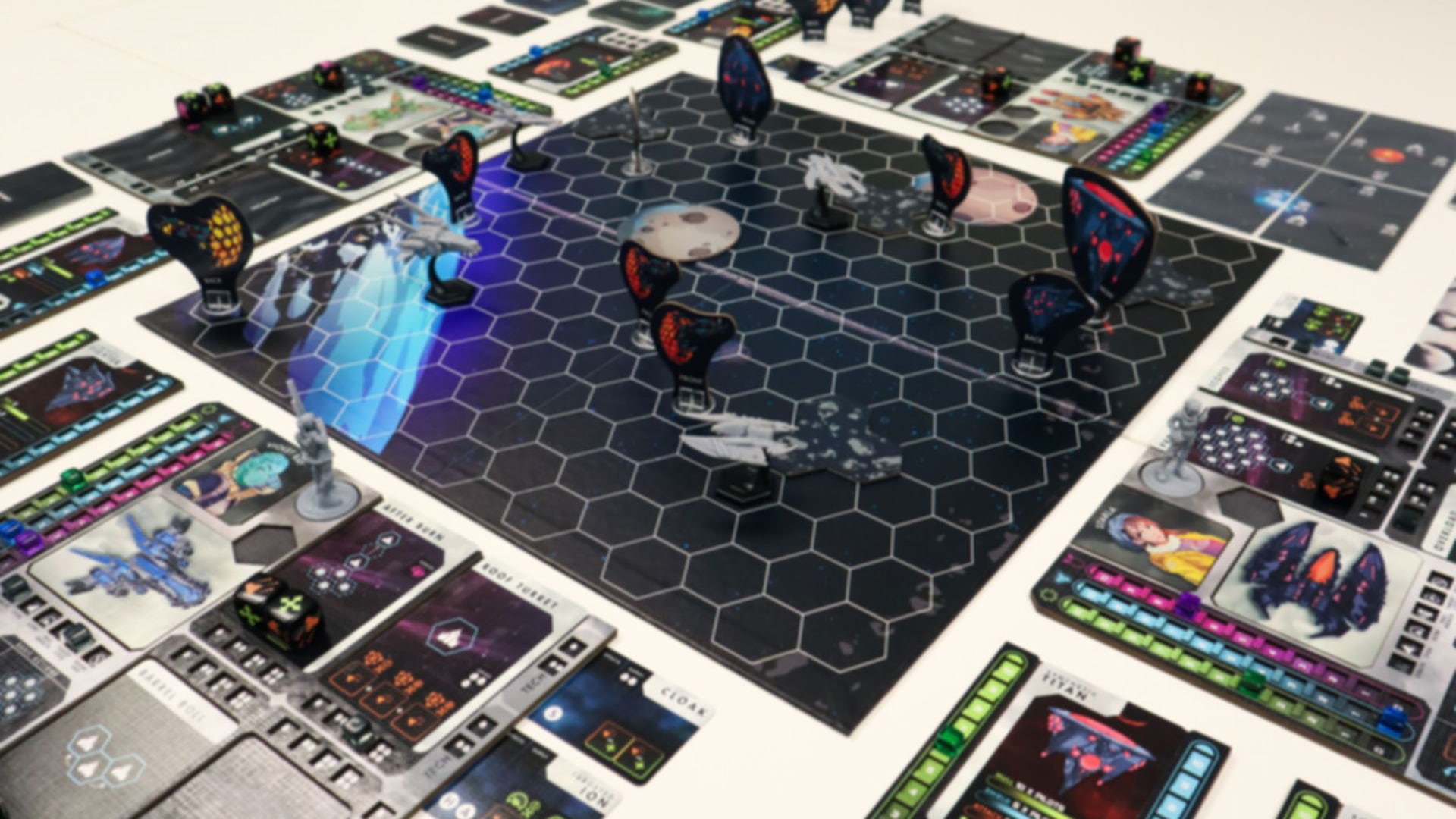 Engaging setup of 'Stars of Akarios' game, showcasing the game board, spacecraft miniatures, and thematic elements of this space adventure game.