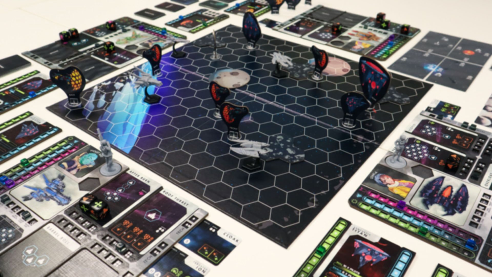 Stars of Akarios: Exploring Galactic Battles in Tabletop Gaming Engaging setup of 'Stars of Akarios' game, showcasing the game board, spacecraft miniatures, and thematic elements of this space adventure game.