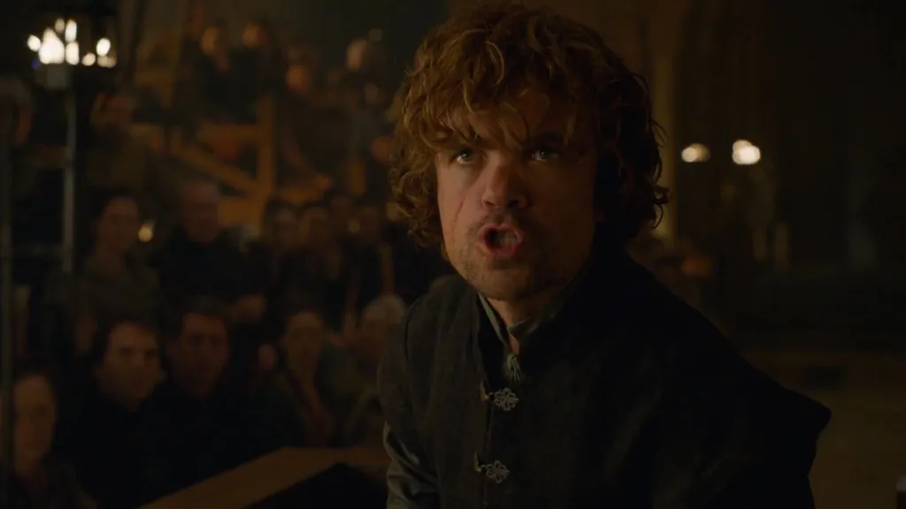 Scene depicting Tyrion Lannister taking the stand in Game of Thrones