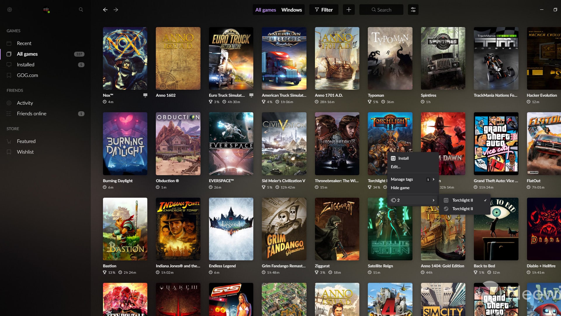 GOG Galaxy game library interface with various game titles displayed