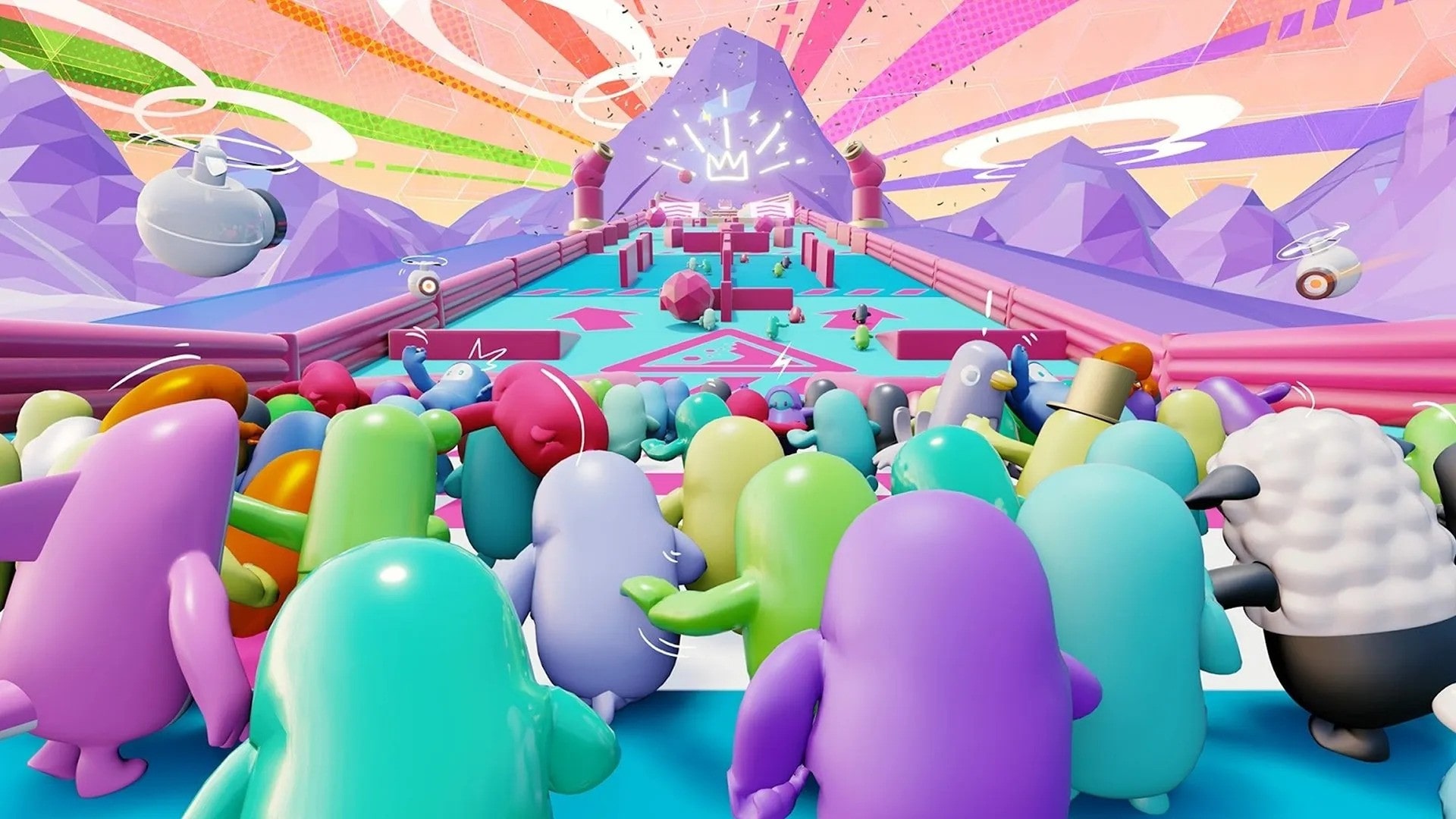 Illustration of colorful Fall Guys characters competing in an obstacle course