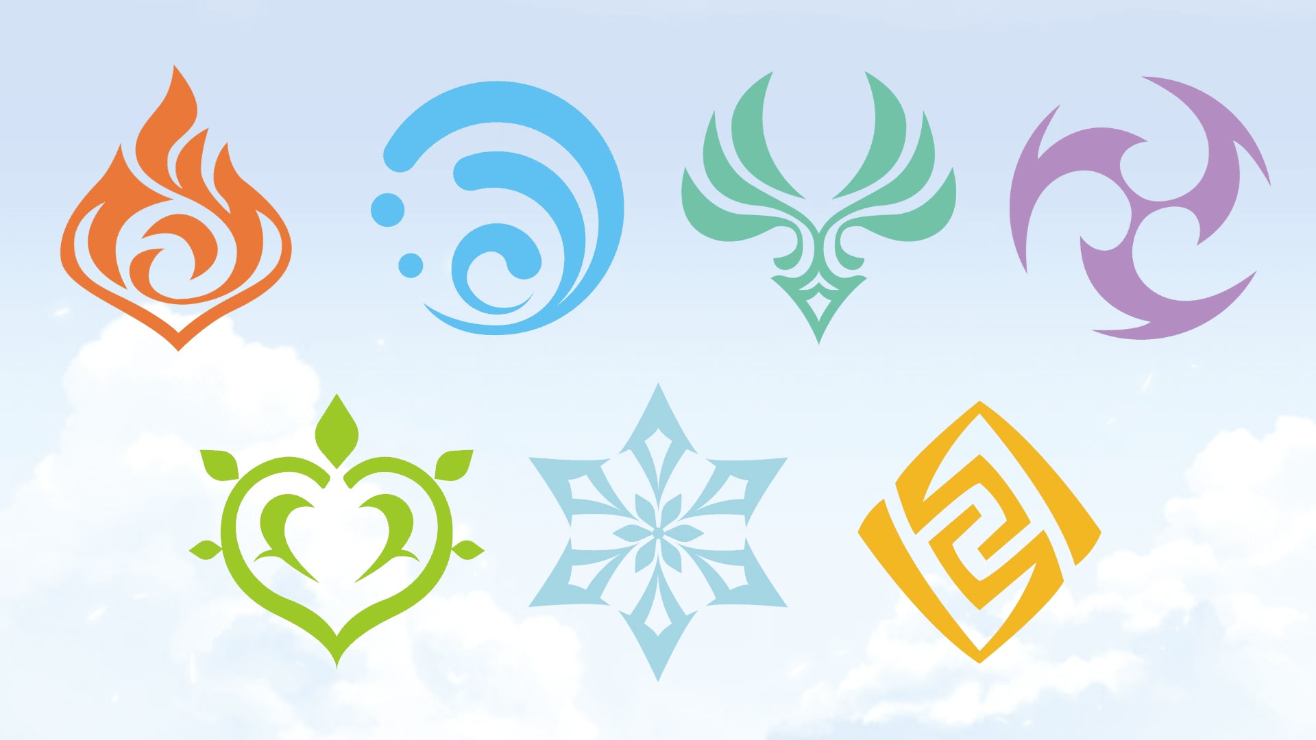 Illustration of various elemental symbols from Genshin Impact
