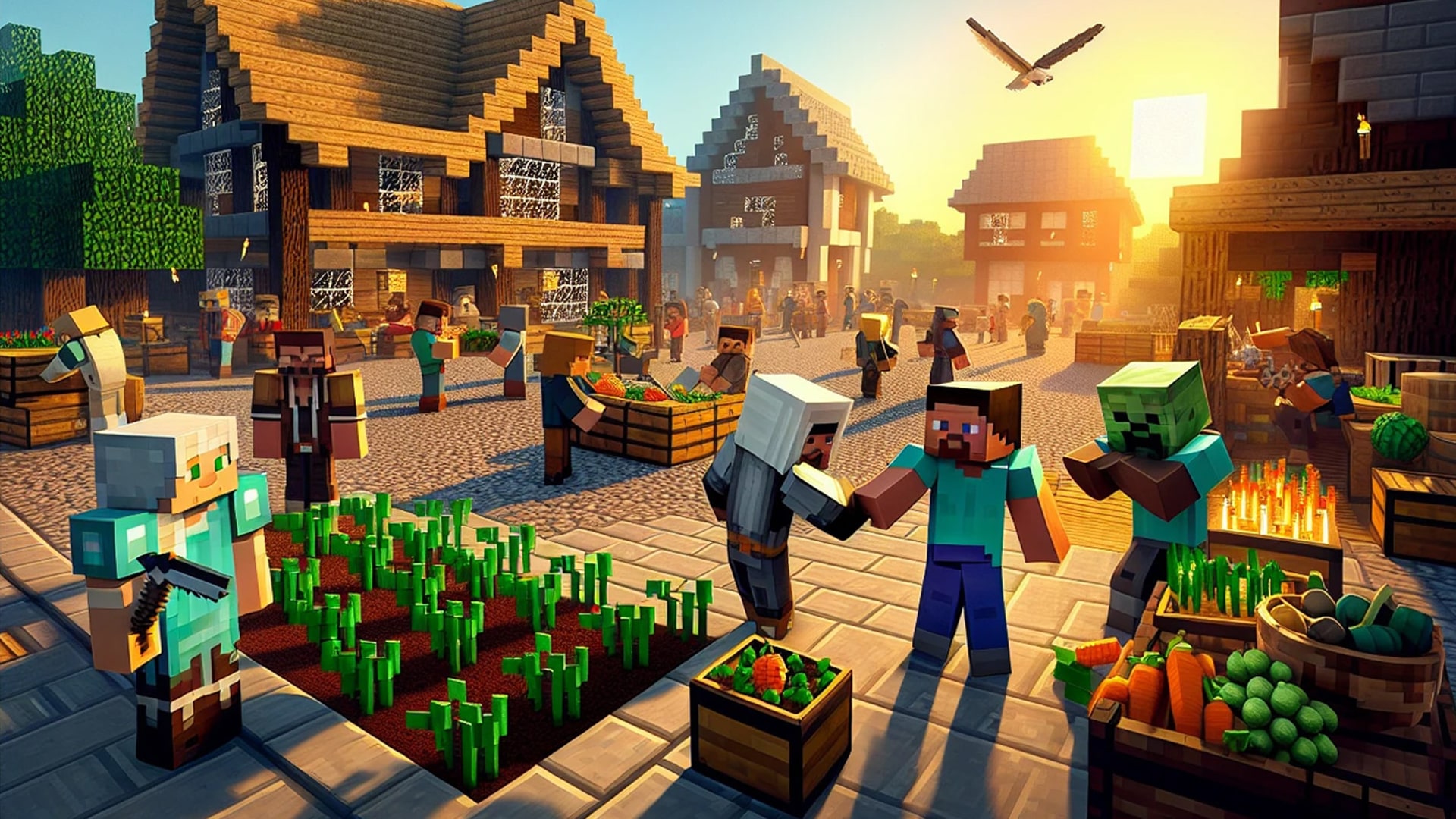 Diverse group of Minecraft characters interacting in a multiplayer setting