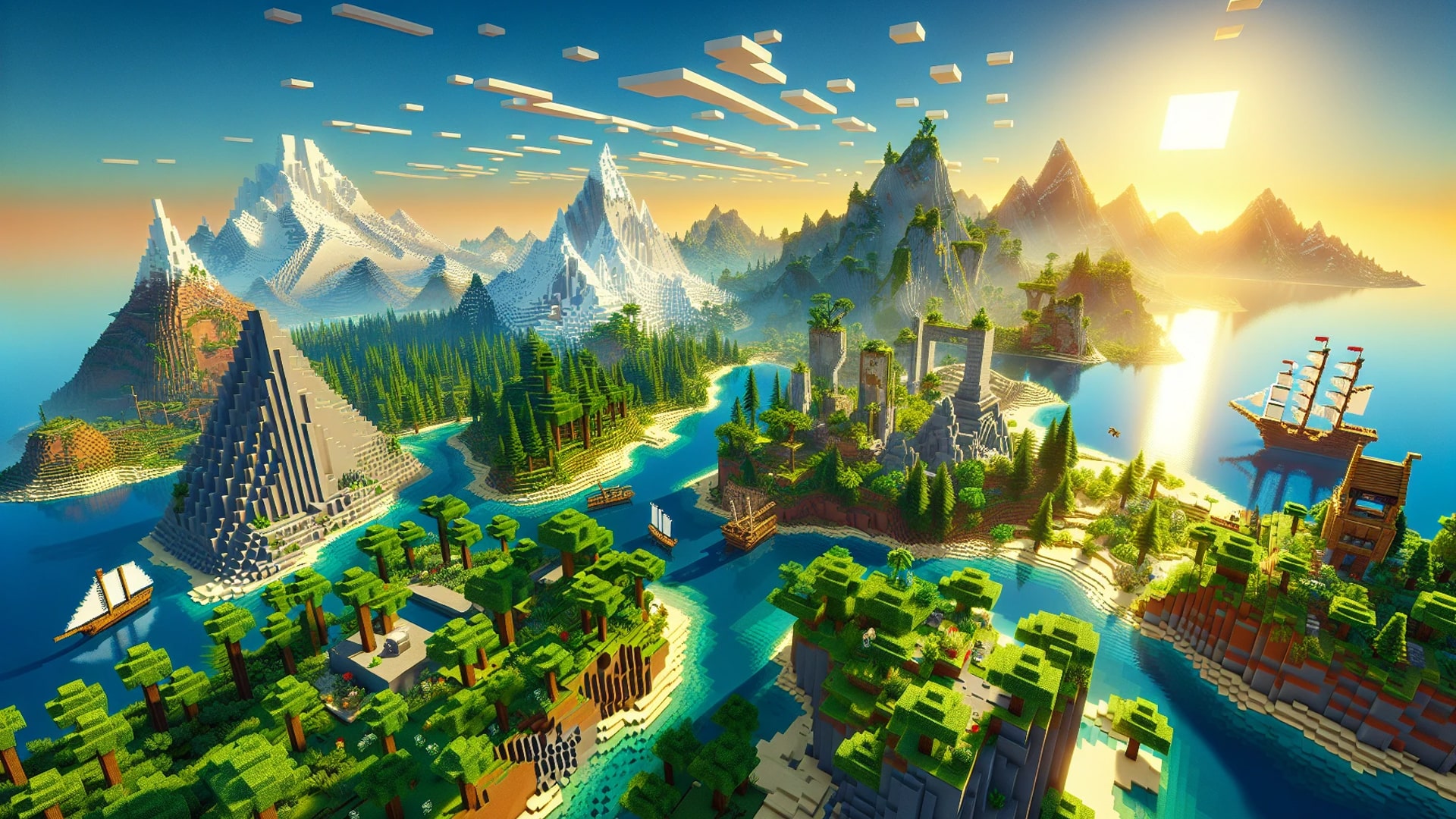 A vast and colorful Minecraft world with various landscapes and structures