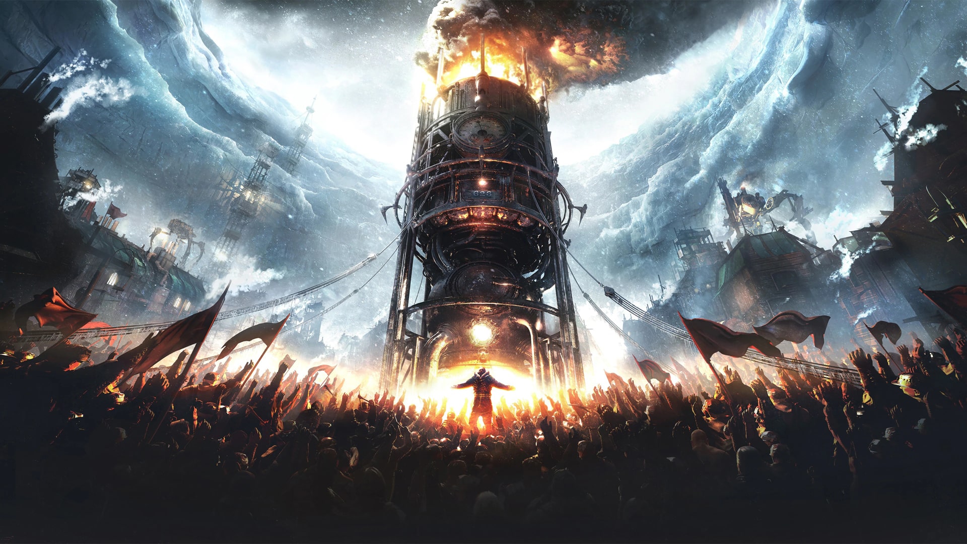 Artwork showcasing the grim atmosphere of Frostpunk's frozen world