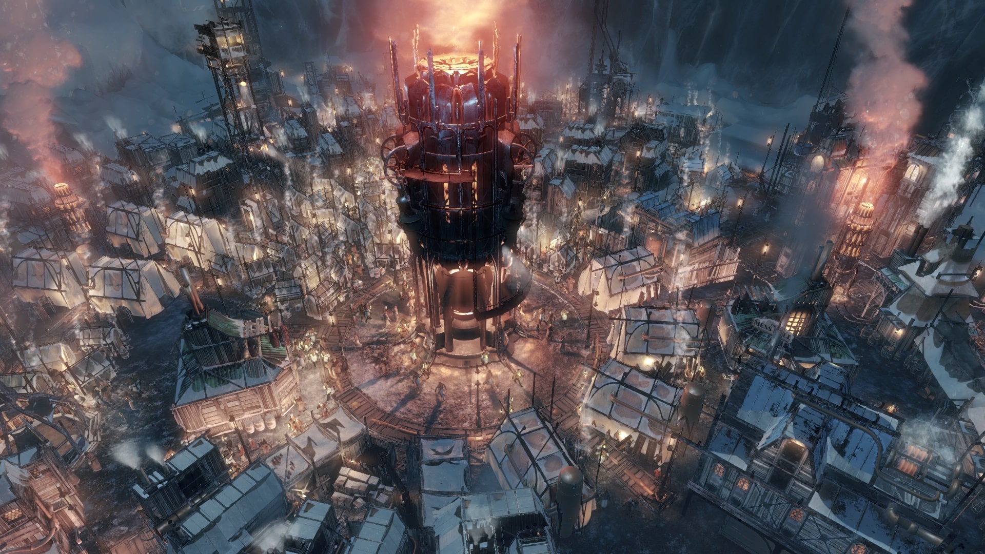 Frostpunk's resilient city against the backdrop of a frozen apocalypse