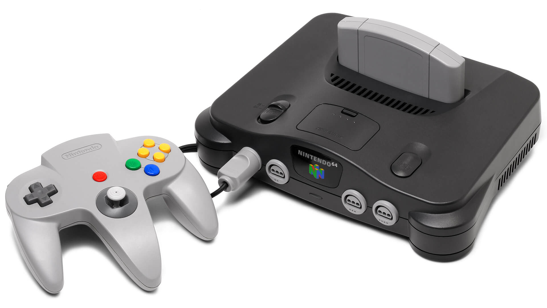 The Nintendo 64 console with a grey controller