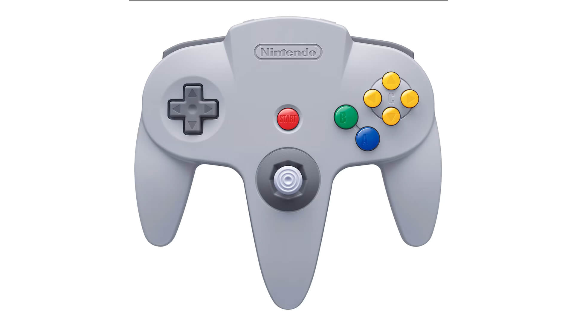 A standard grey Nintendo 64 controller showcasing the analog stick