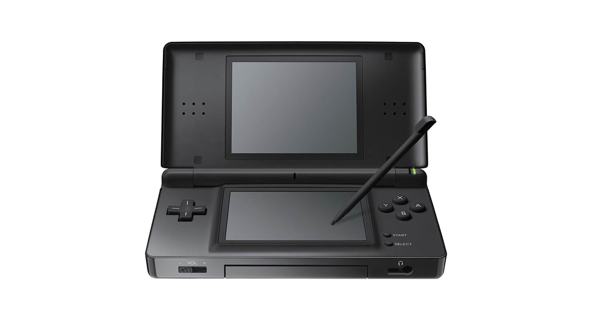A black Nintendo DS handheld console flipped open showing dual screens and a stylus.