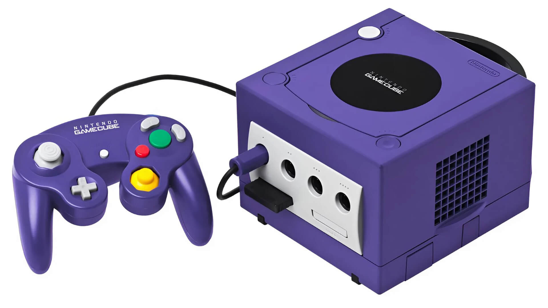A purple Nintendo GameCube console with a matching wired controller.