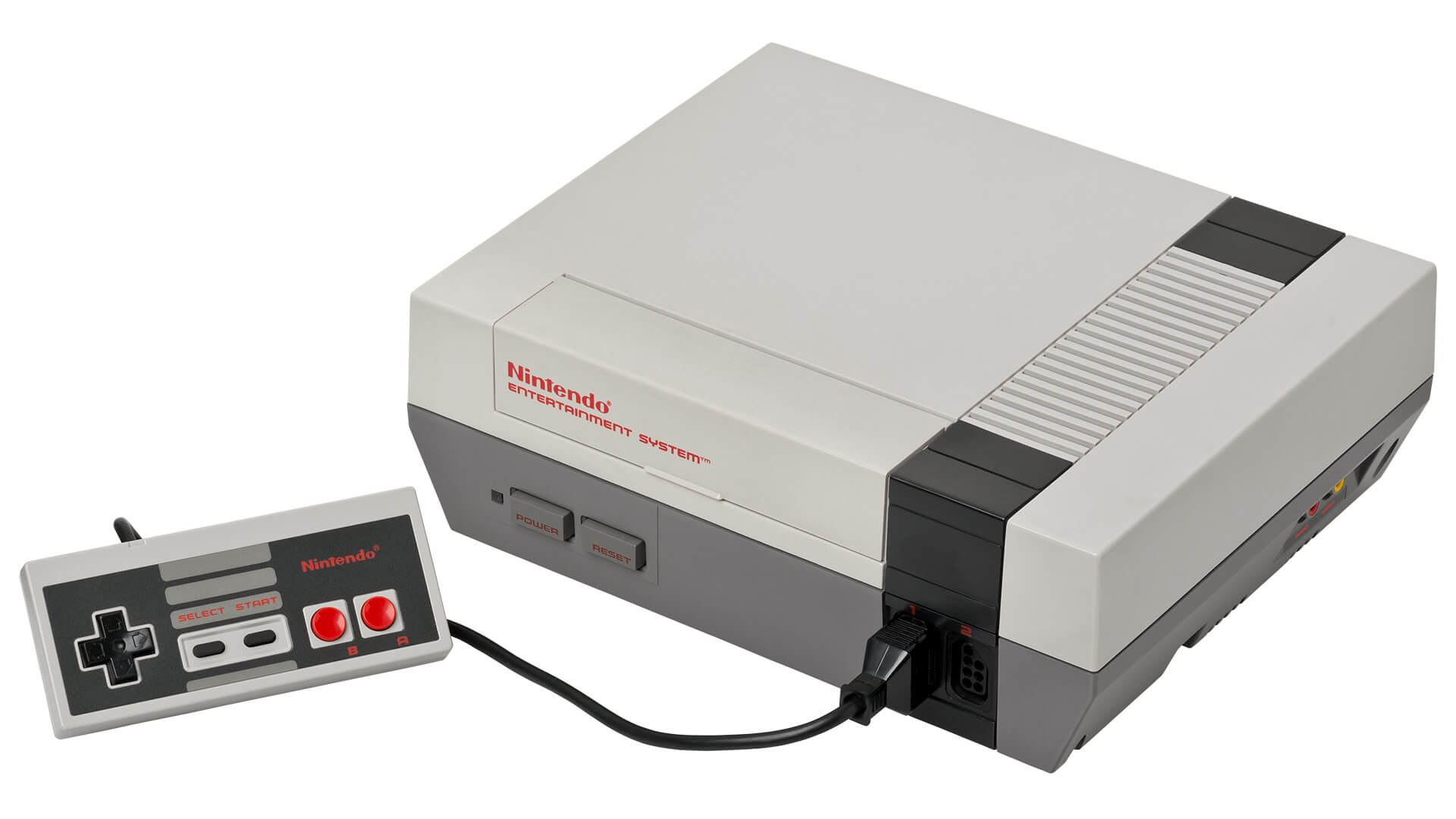 A close-up photograph of the original vintage Nintendo Entertainment System (NES) console and controller.
