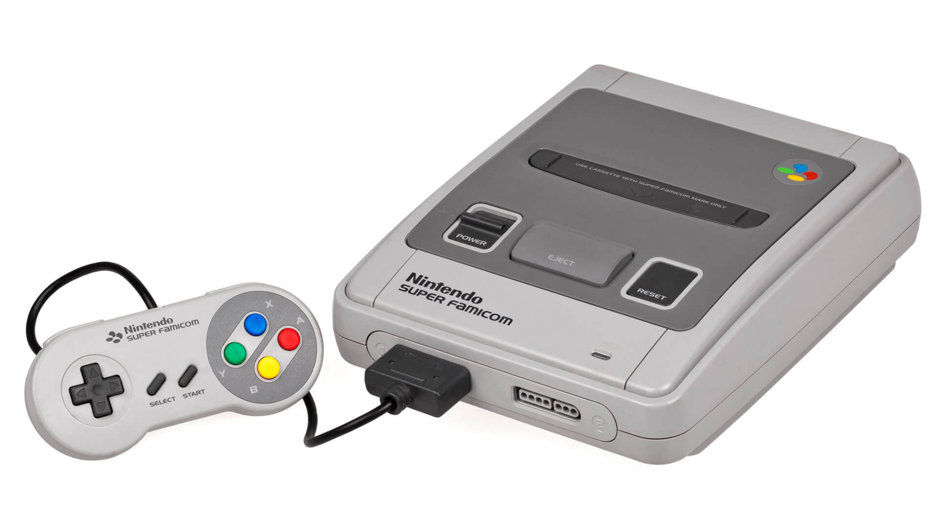The Super Nintendo Entertainment System (SNES) console with a wired controller.