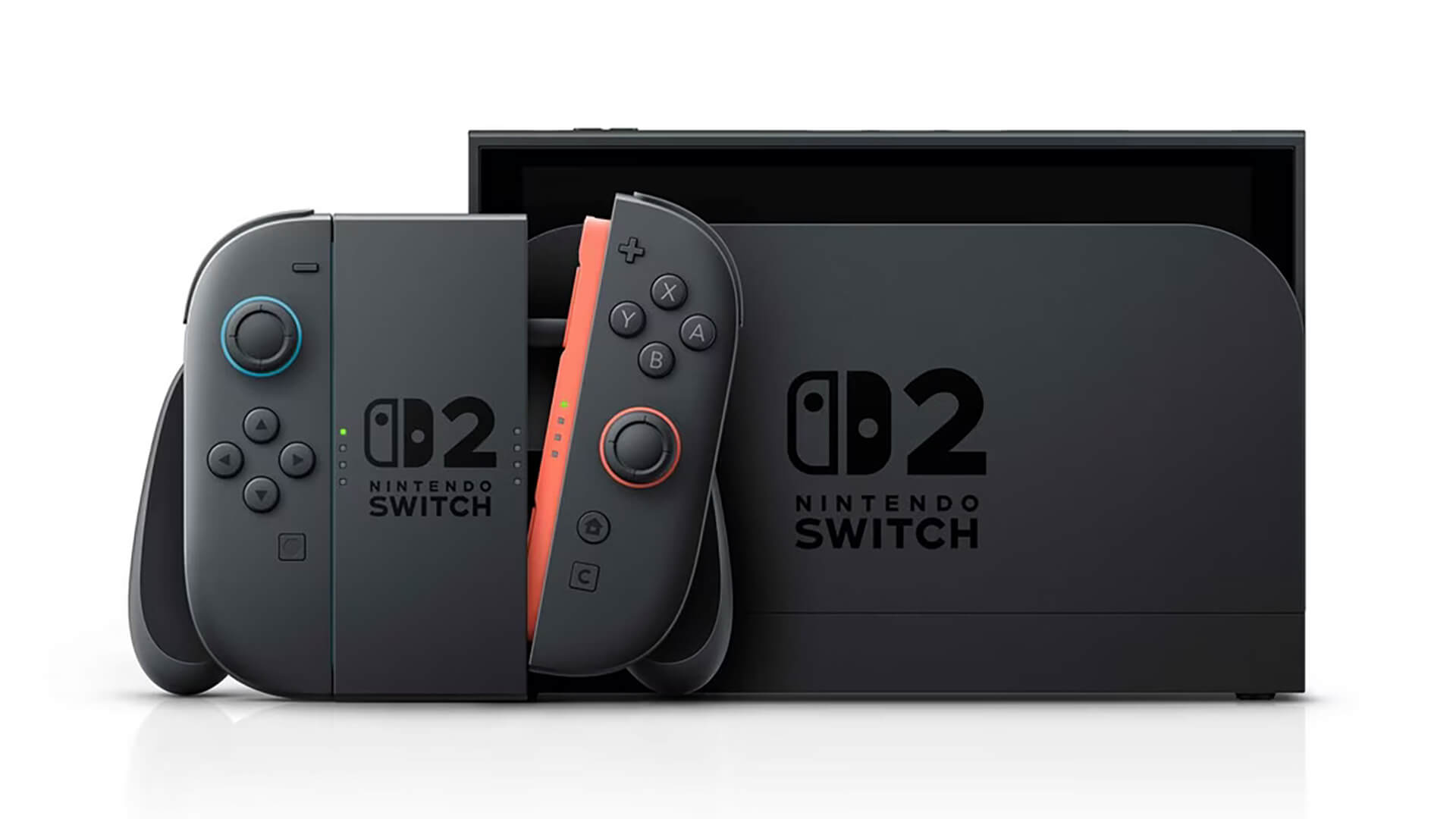 The Nintendo Switch 2 console and joy-con controllers docked in its station.