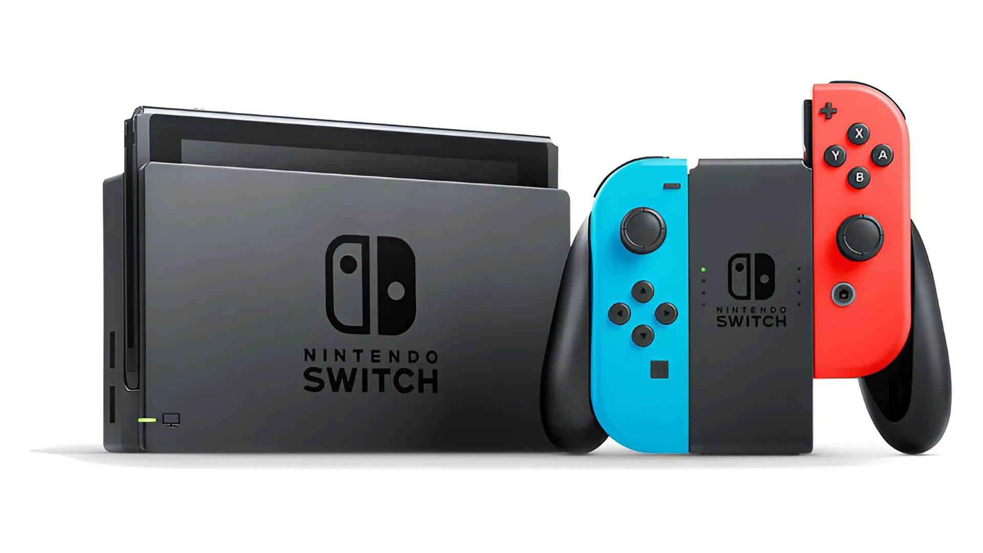 The original Nintendo Switch hybrid console docked with neon red and blue Joy-Cons.