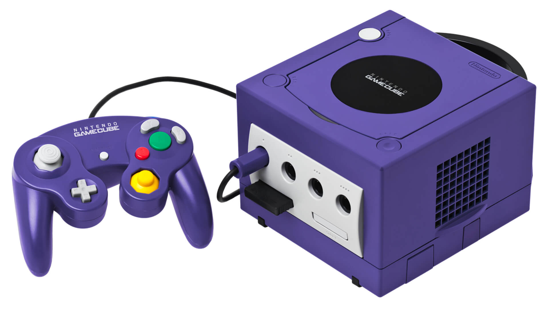 Front view of the iconic purple Nintendo GameCube console showcasing its compact design and controller ports