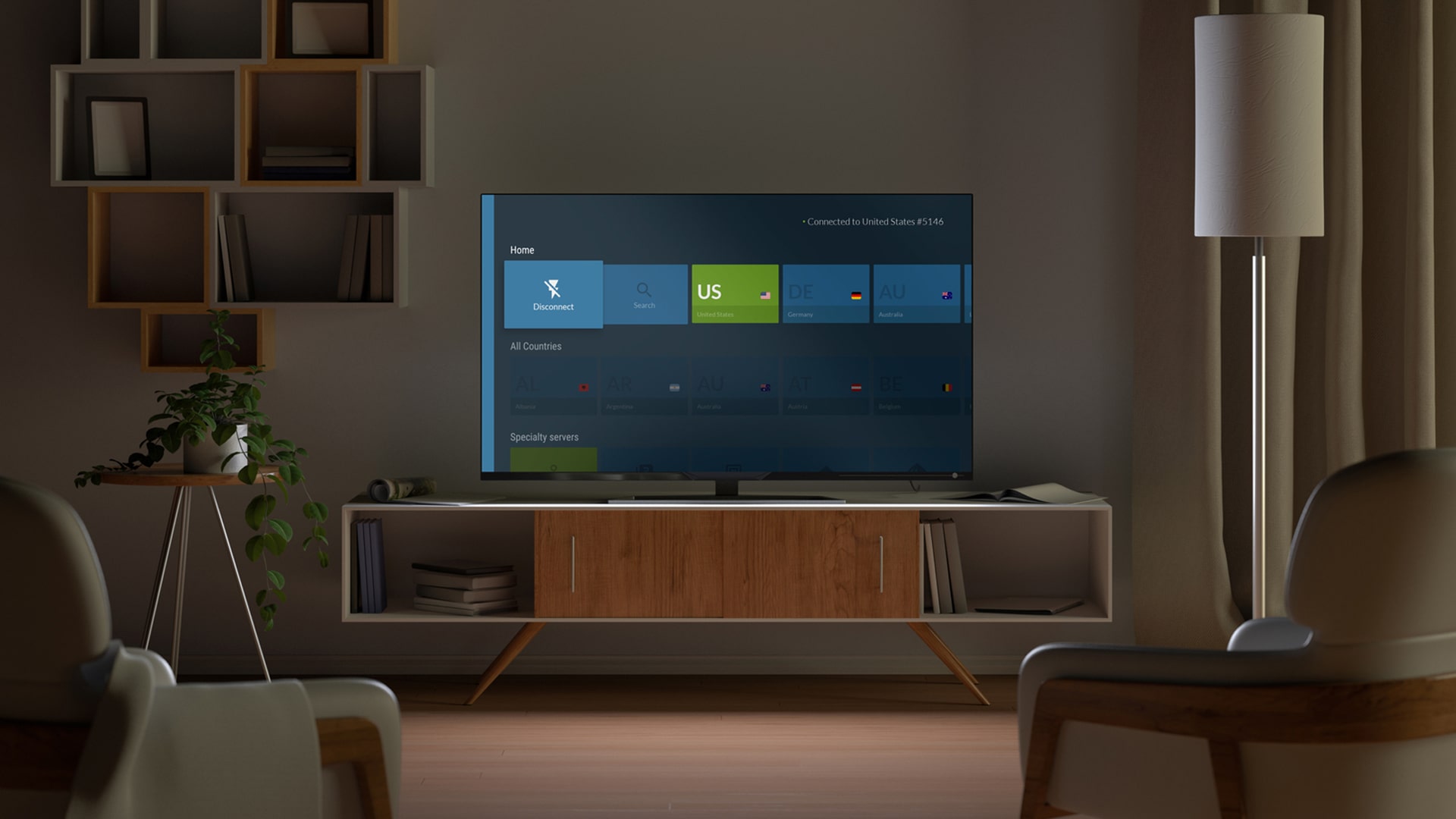 NordVPN on Android TV - Homepage Overview NordVPN app homepage on Android TV displaying server locations