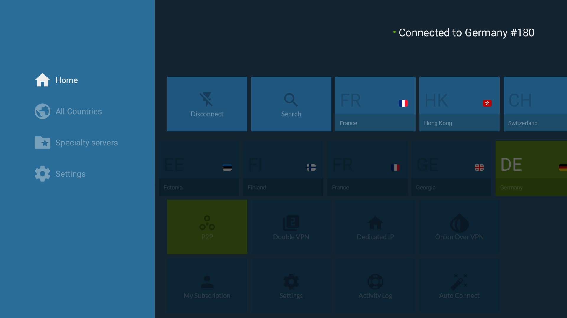 NordVPN Server Selection on Android TV User interface of NordVPN on Android TV highlighting server selection, image 2