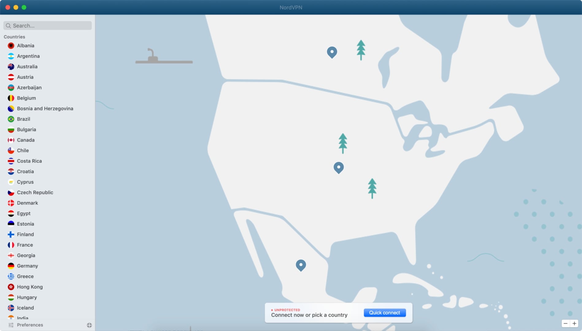 NordVPN application interface on a macOS with a map view showing various server locations