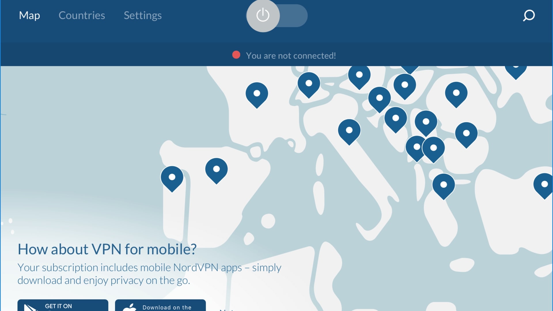 Interactive map interface in NordVPN's Windows app showcasing global server locations