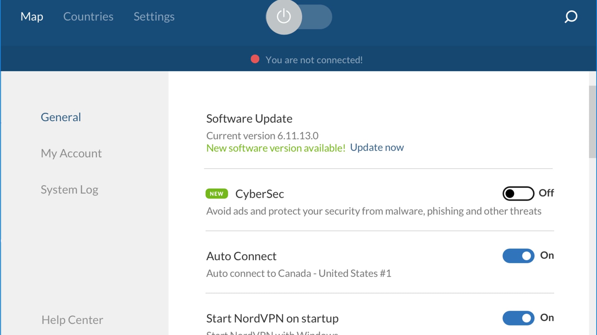 NordVPN Windows client showing advanced settings panel