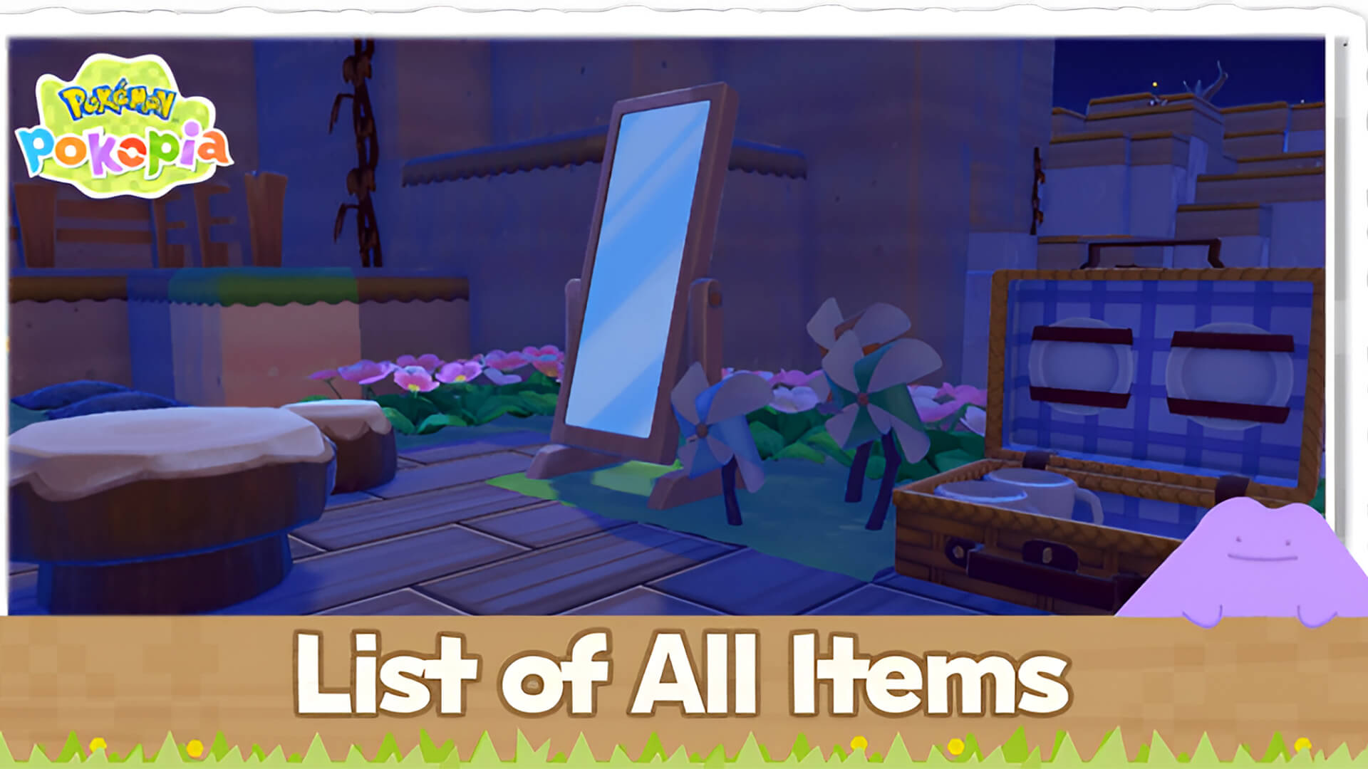 A serene room showcasing the water-themed aquariums and lounges of the Pokémon Pokopia Aquatic Set