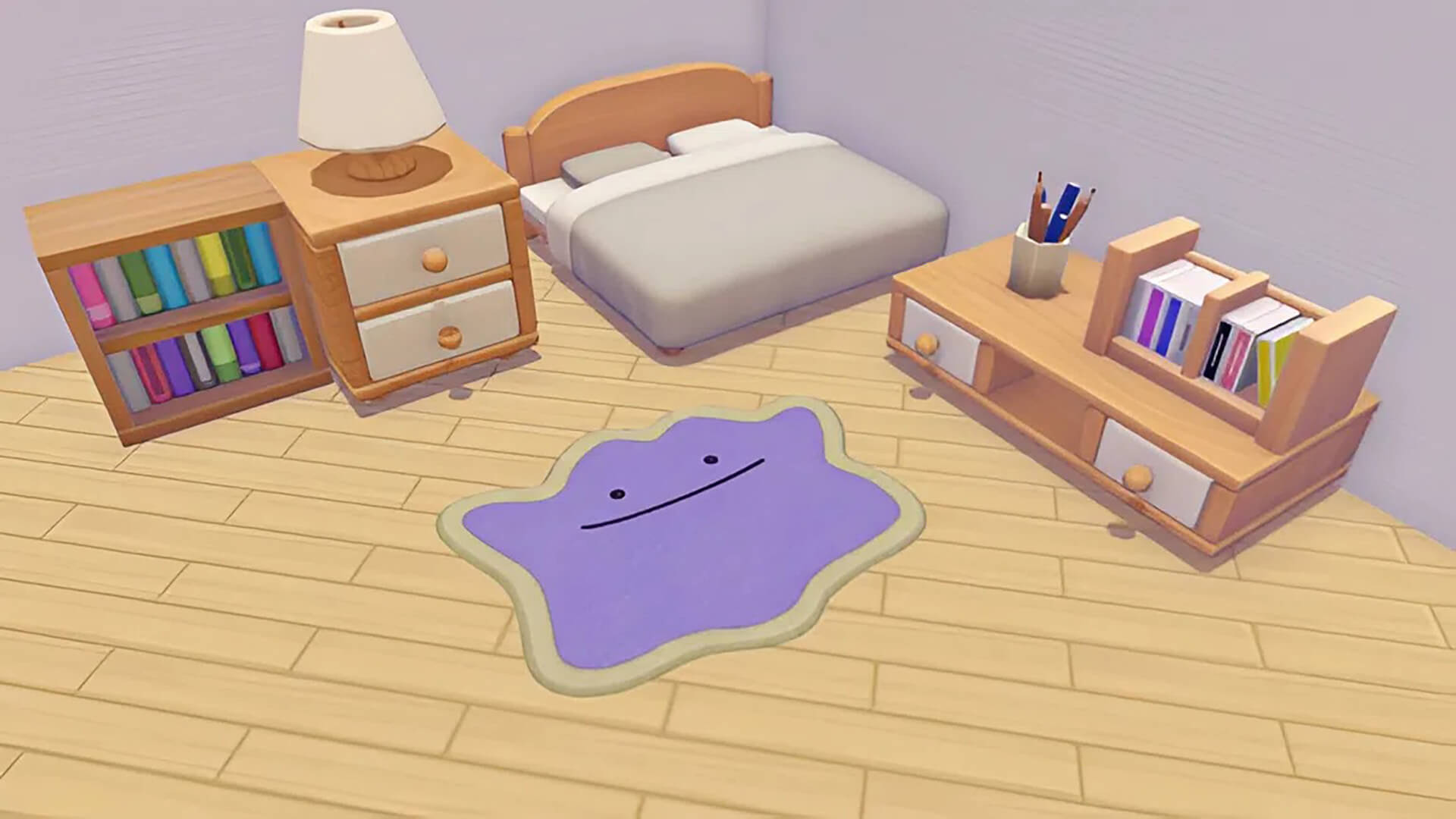 A cozy, rustic wooden room with simple furniture and a Ditto rug in Pokémon Pokopia