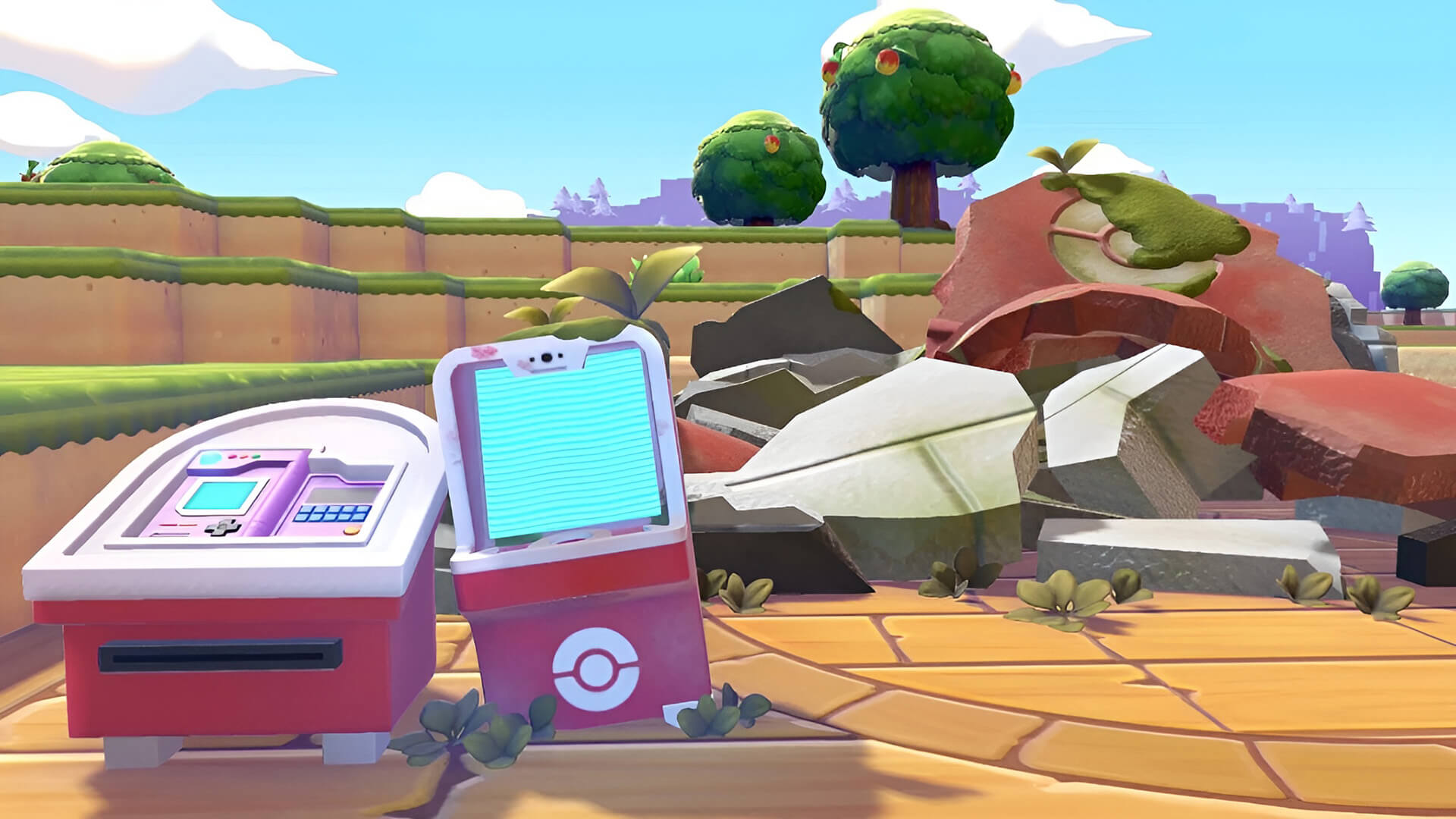 A futuristic, high-tech control panel or gaming setup with a large screen in Pokémon Pokopia