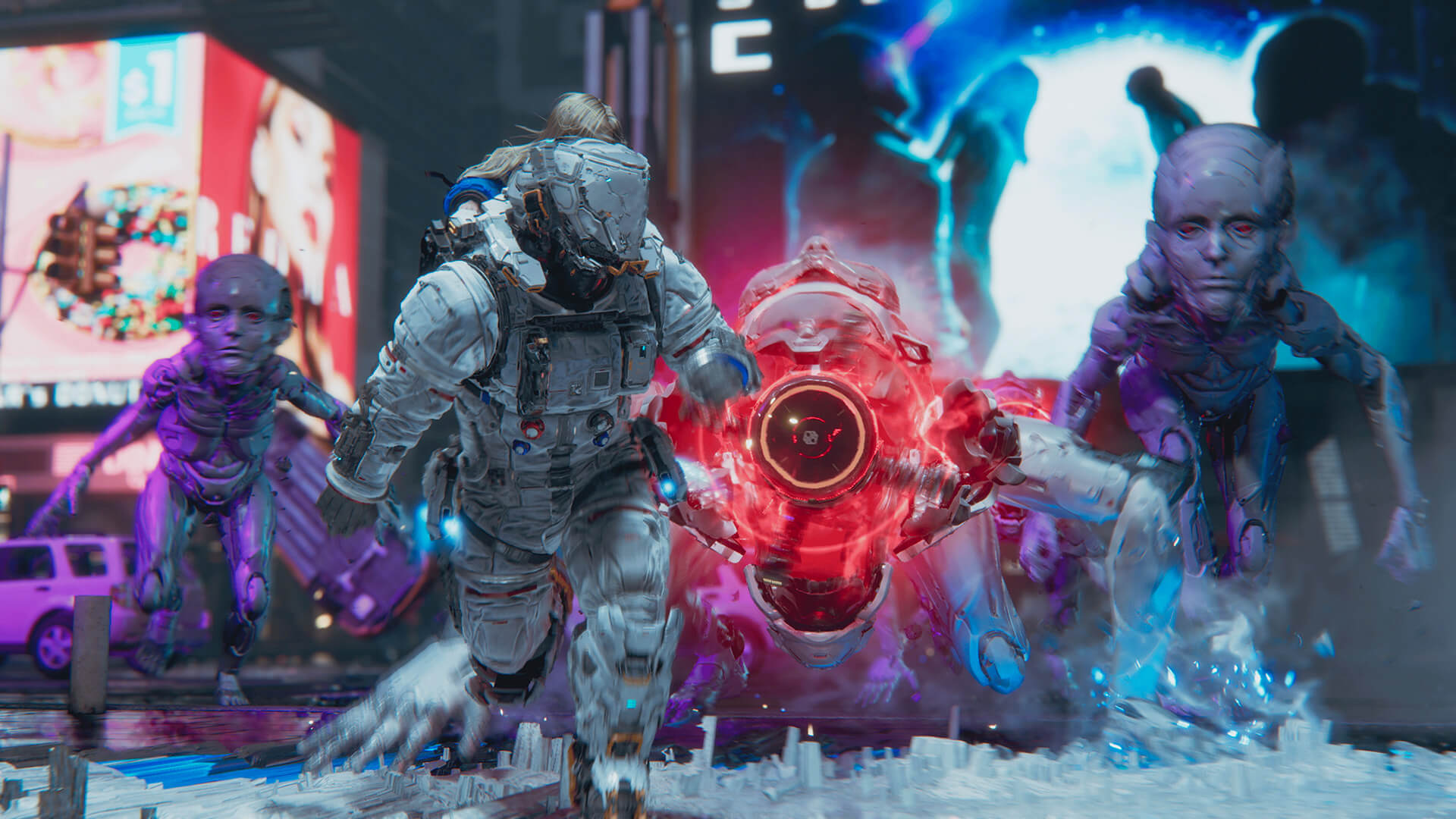 Gameplay screenshot of Pragmata showing the astronaut protagonist firing a futuristic weapon while Diana uses a holographic shield to block incoming attacks.